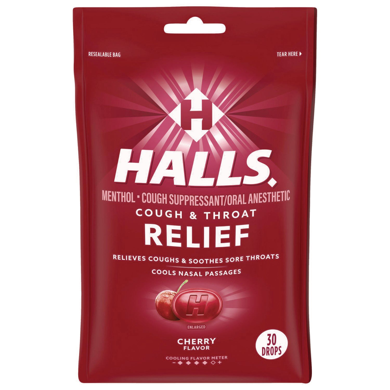 HALLS Triple Action Cough Drops, Cherry, 30/Bag, 12 Bags/Box