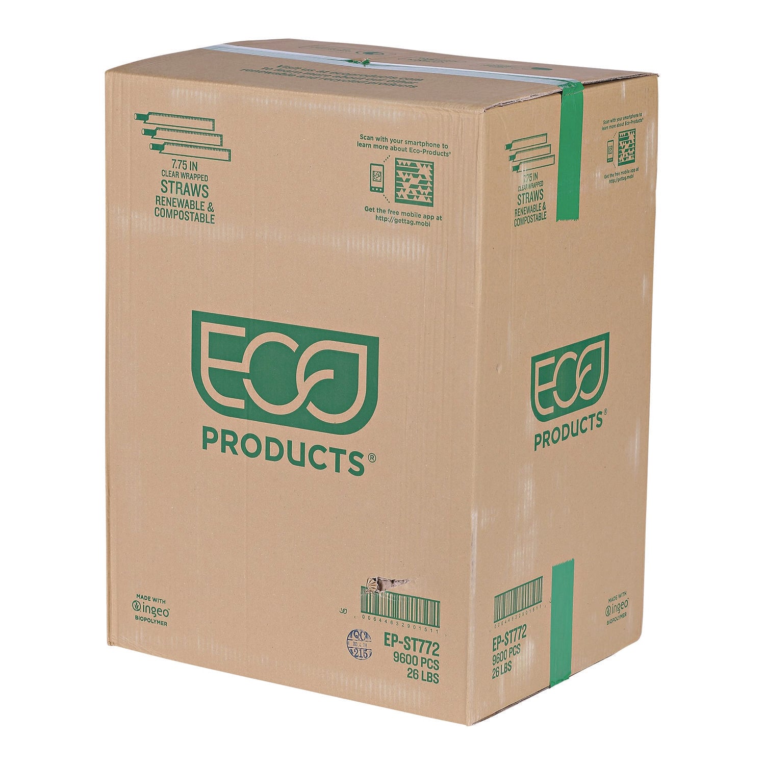 Eco-Products® Wrapped Straw, 7.75", Green, Plastic, 9,600/Carton