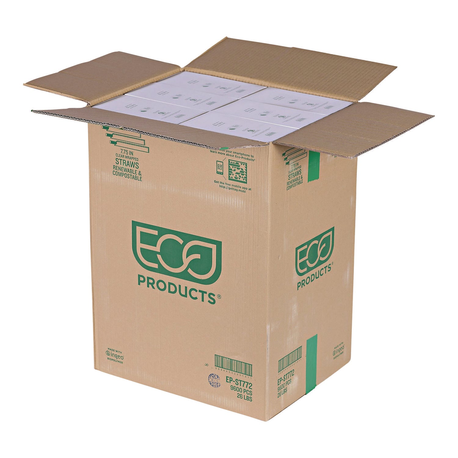 Eco-Products® Wrapped Straw, 7.75", Green, Plastic, 9,600/Carton