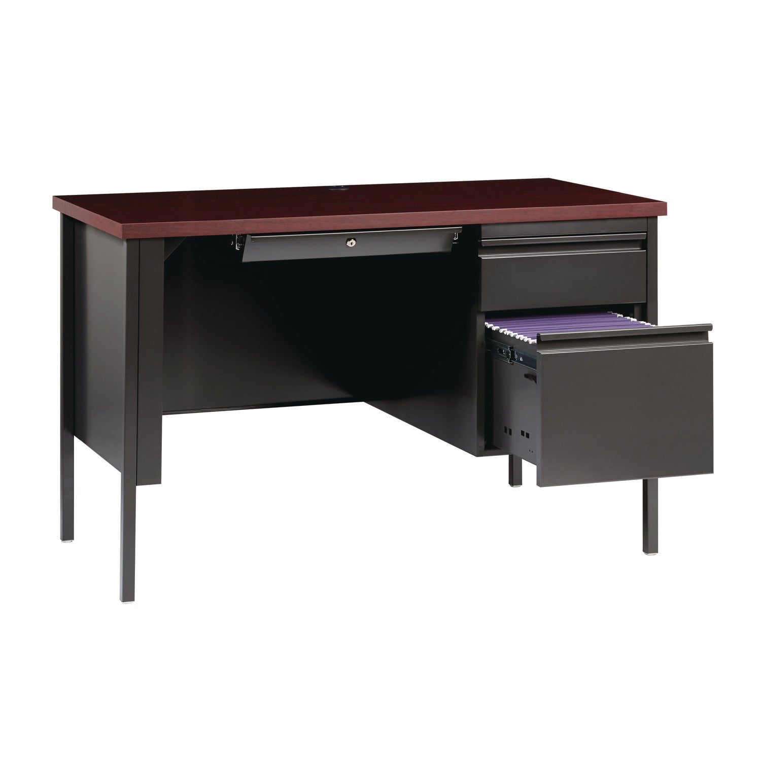 Single Pedestal Steel Desk, 45" x 24" x 29.5", Mahogany/Charcoal, Charcoal Legs Alera® Flipcost