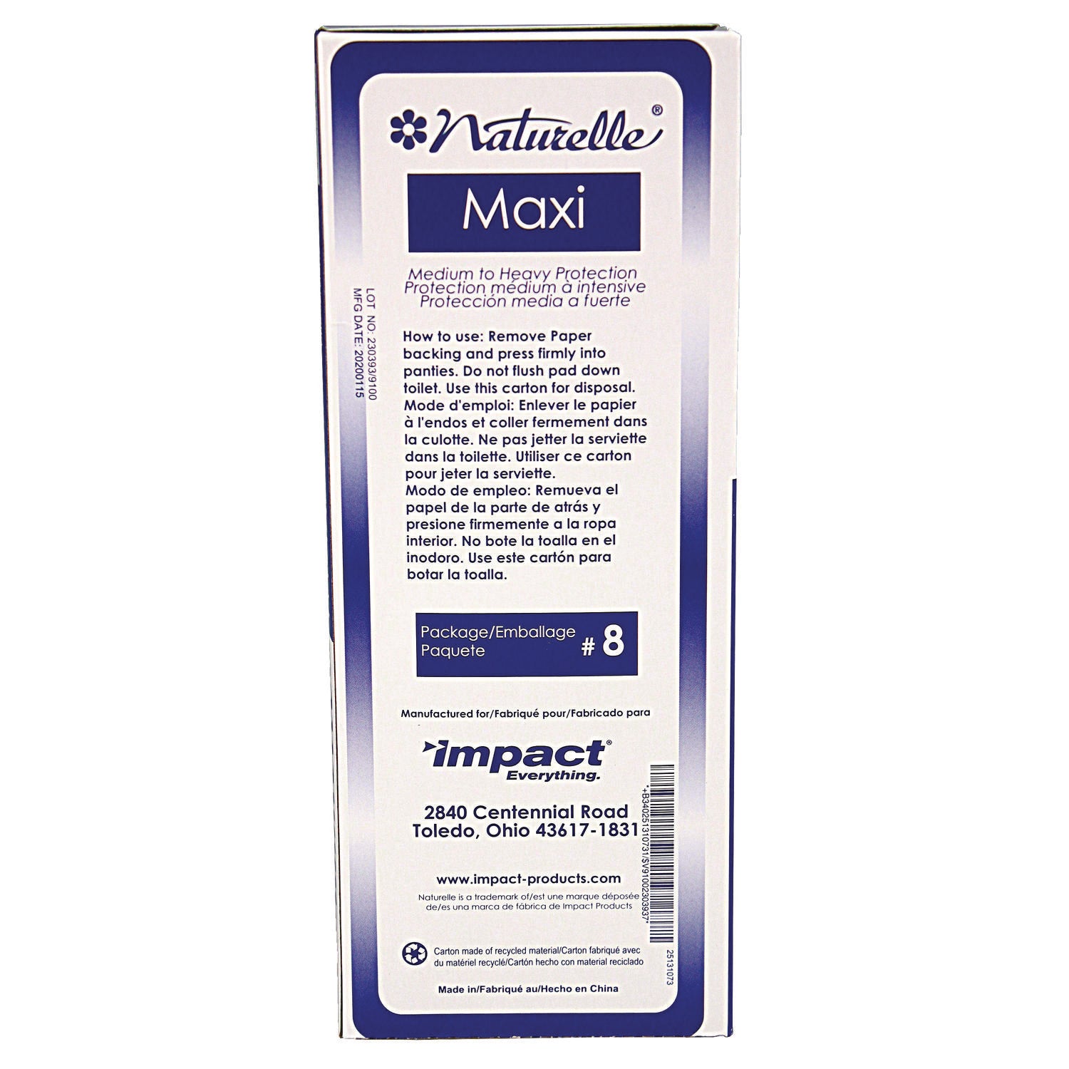 Impact® Naturelle Maxi Pads, #8 Ultra Thin, 250 Individually Wrapped/Carton