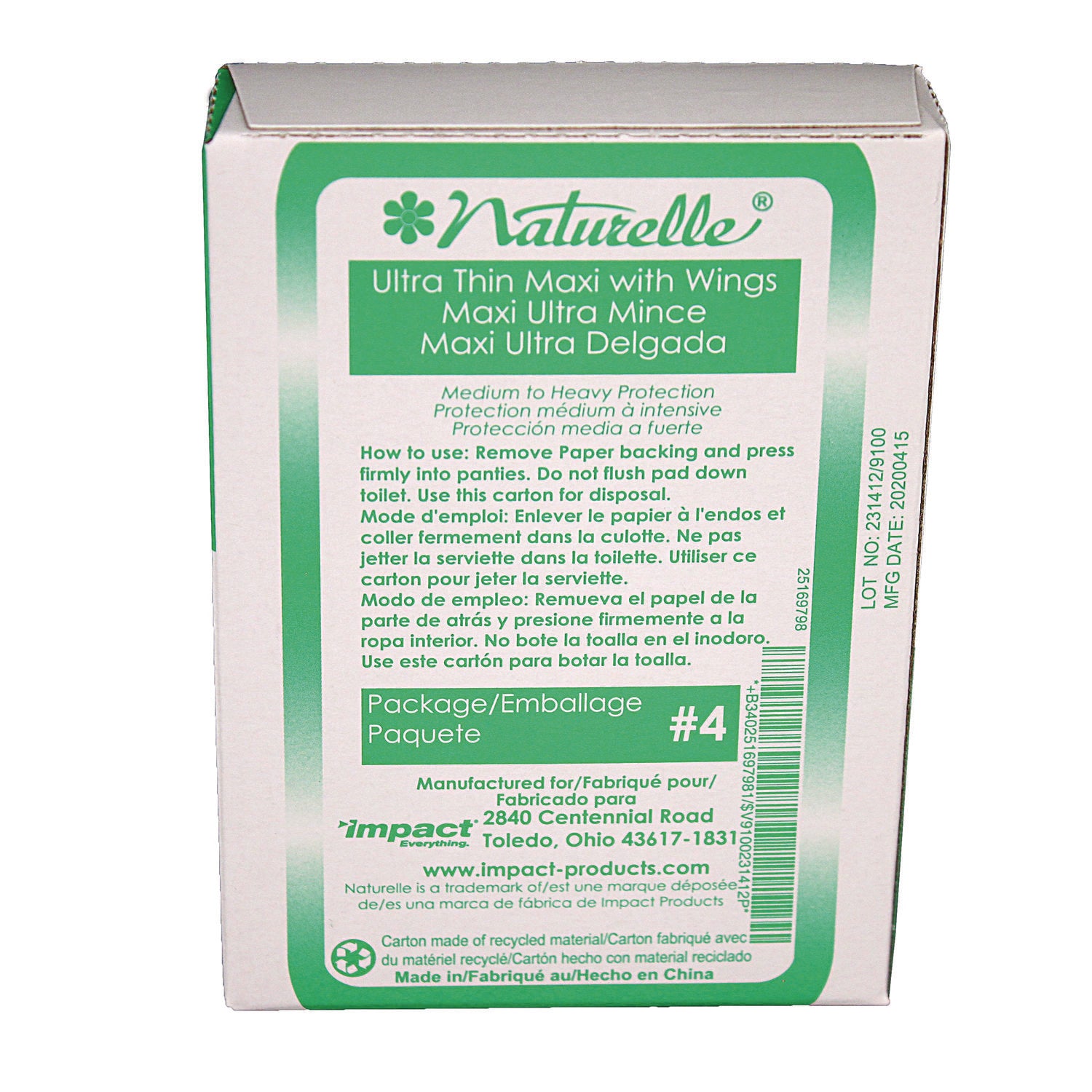 Impact® Naturelle Maxi Pads, #4 Ultra Thin with Wings, 200 Individually Wrapped/Carton