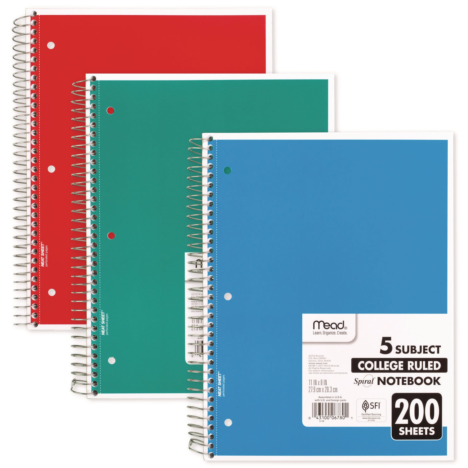 Mead® Spiral Notebook, 5-Subject, Medium/College Rule, Randomly Assorted Cover Color, (200) 11 x 8 Sheets