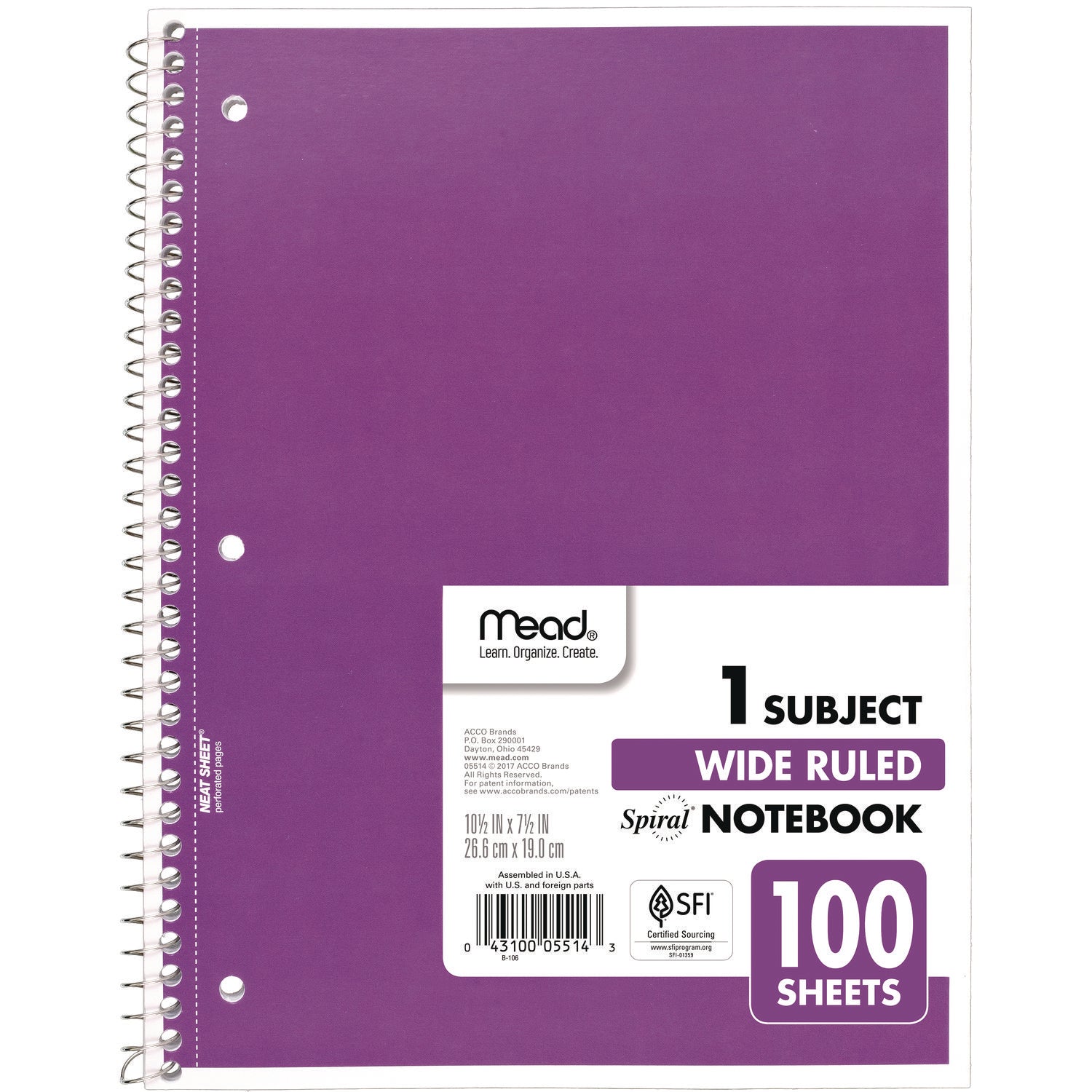 Mead® Spiral Notebook, 3-Hole Punched, 1-Subject, Wide/Legal Rule, Randomly Assorted Cover Color, (100) 10.5 x 7.5 Sheets