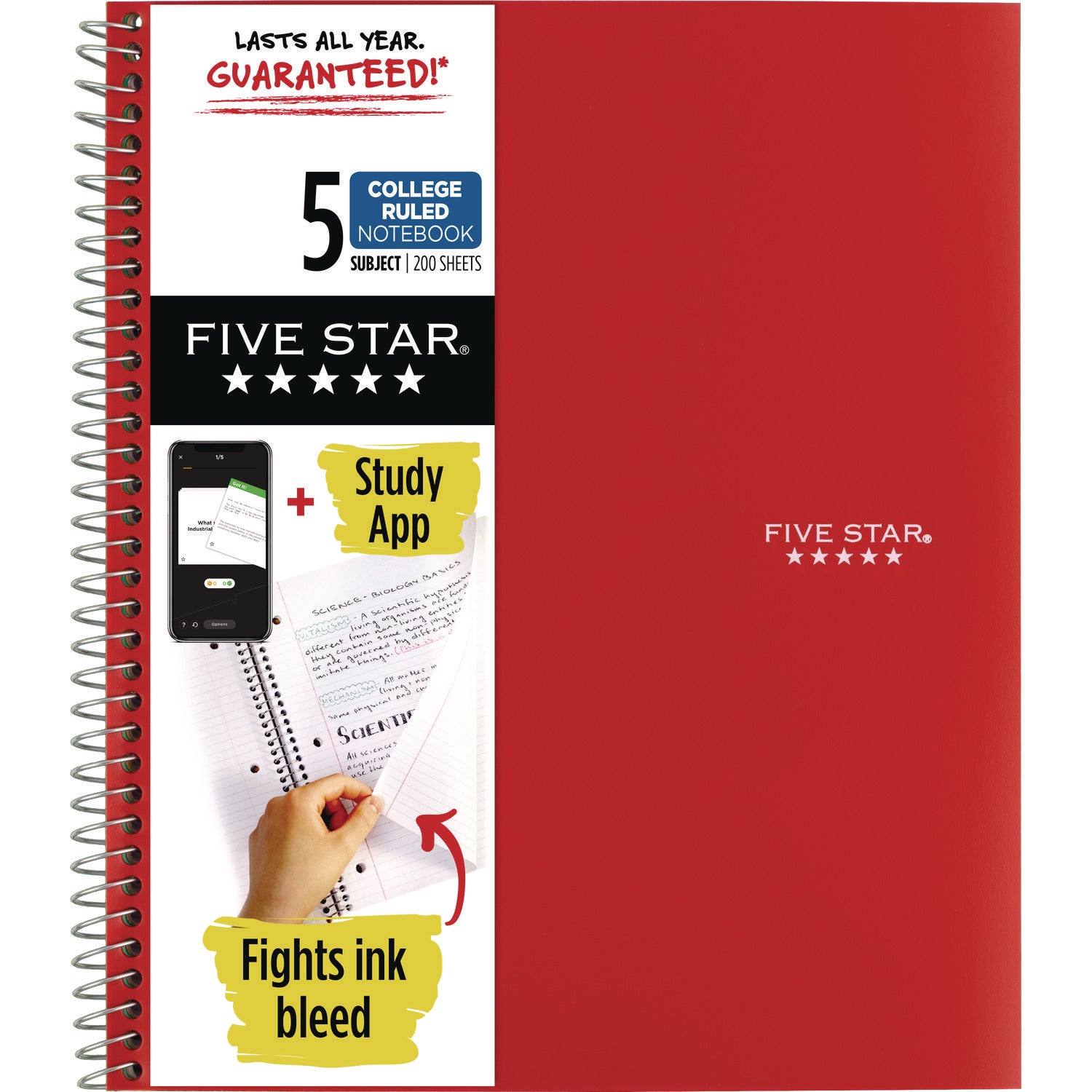 Five Star® Wirebound Notebook with Eight Pockets, 5-Subject, Medium/College Rule, Randomly Assorted Cover Color, (200) 11 x 8.5 Sheets