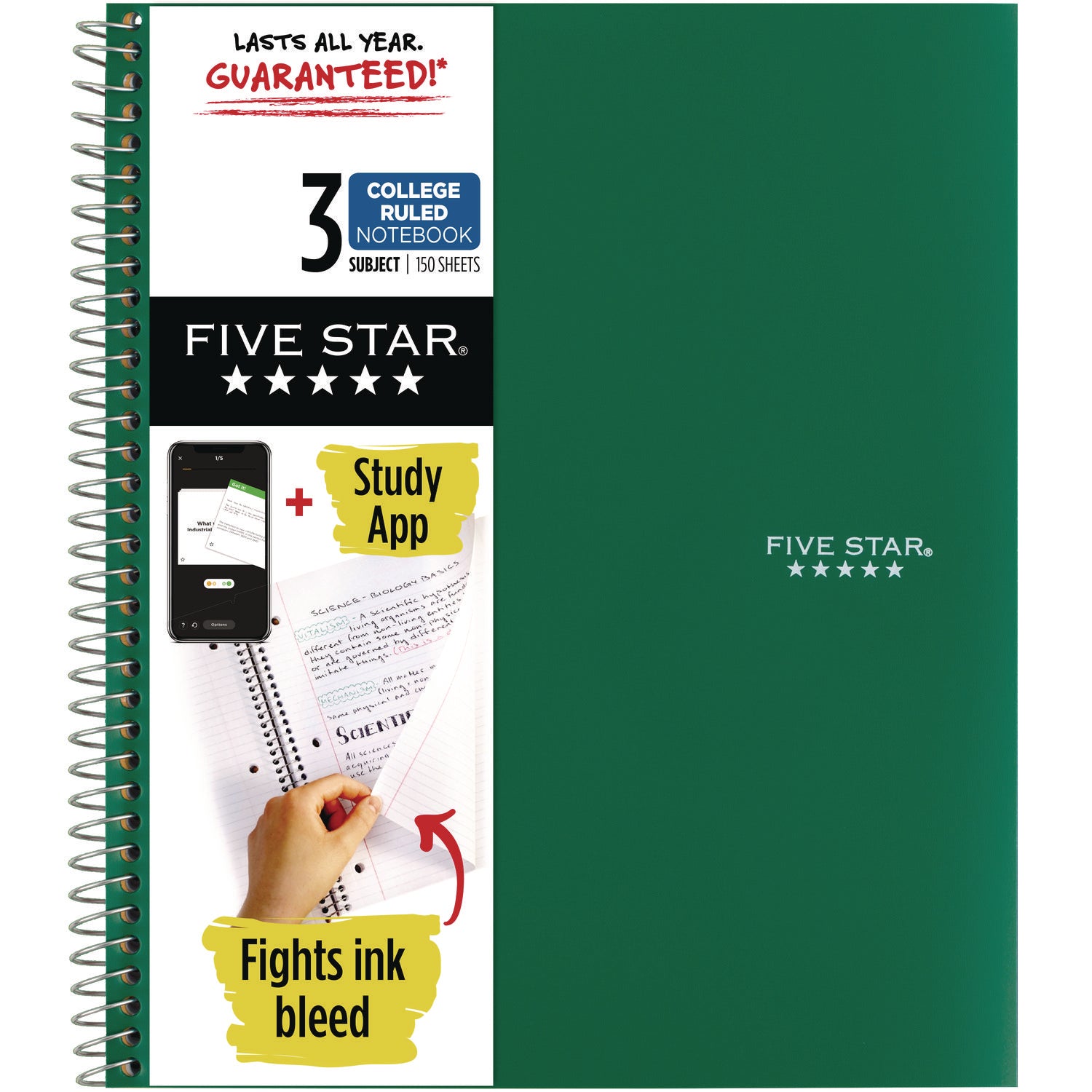 Five Star® Wirebound Notebook with Four Pockets, 3-Subject, Medium/College Rule, Randomly Assorted Cover Color, (150) 11 x 8.5 Sheets