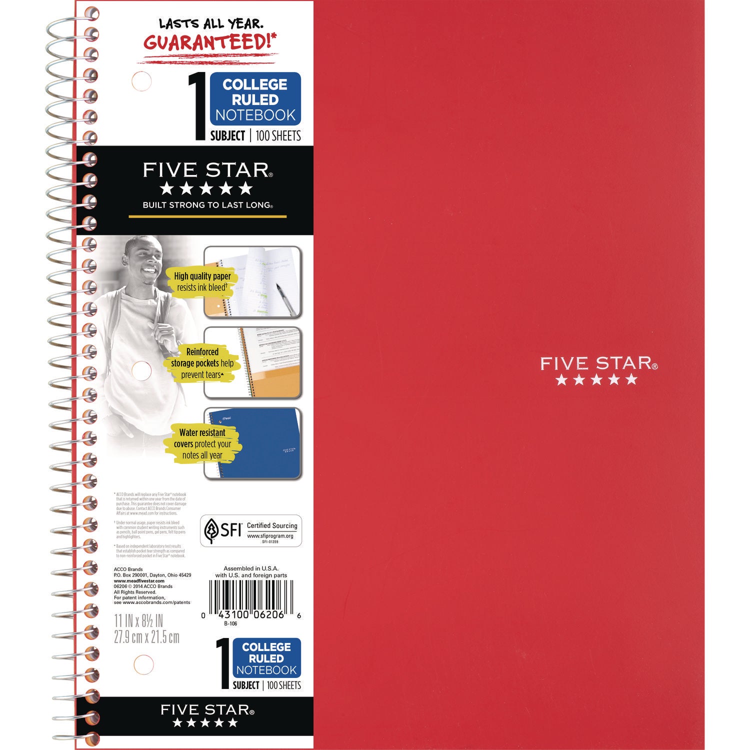 Wirebound Notebook with Two Pockets, 1-Subject, Medium/College Rule, Red Cover, (100) 11 x 8.5 Sheets Five Star® Flipcost