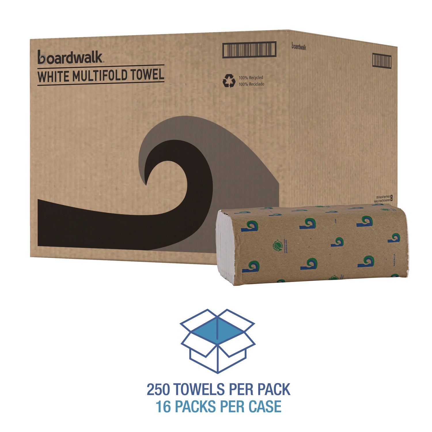 Boardwalk® Boardwalk Green Multifold Towels, 1-Ply, 9.3 x 9.5, Natural White, 250/Pack, 16 Packs/Carton