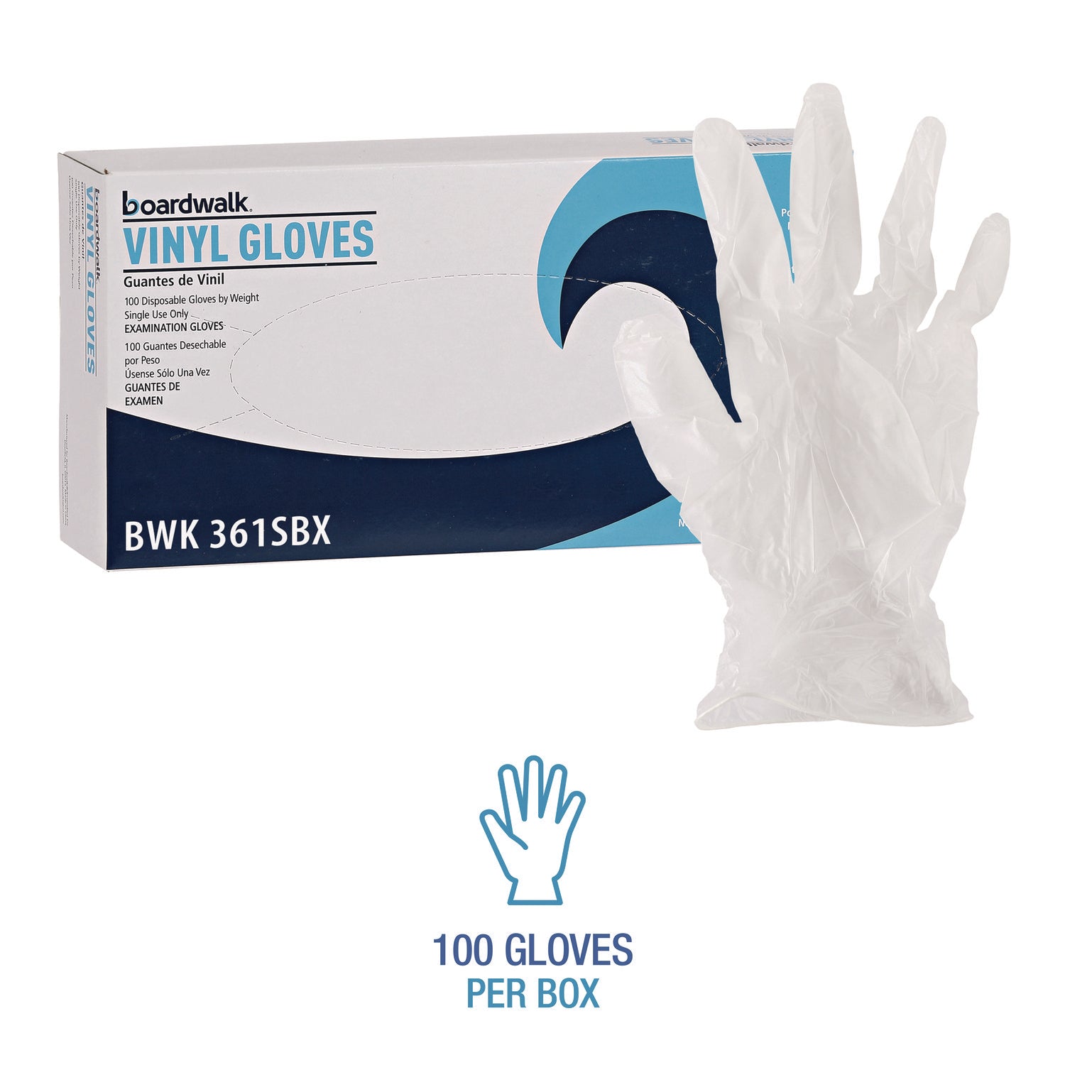 Boardwalk® Exam Vinyl Gloves, Powder/Latex-Free, 3 3/5 mil, Clear, Small, 100/Box