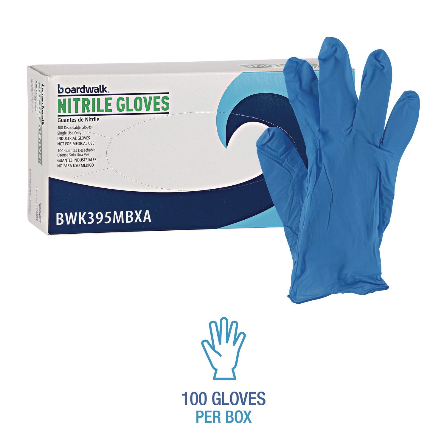 Boardwalk® Disposable Powder-Free Nitrile Gloves, Medium, Blue, 5 mil, 100/Box