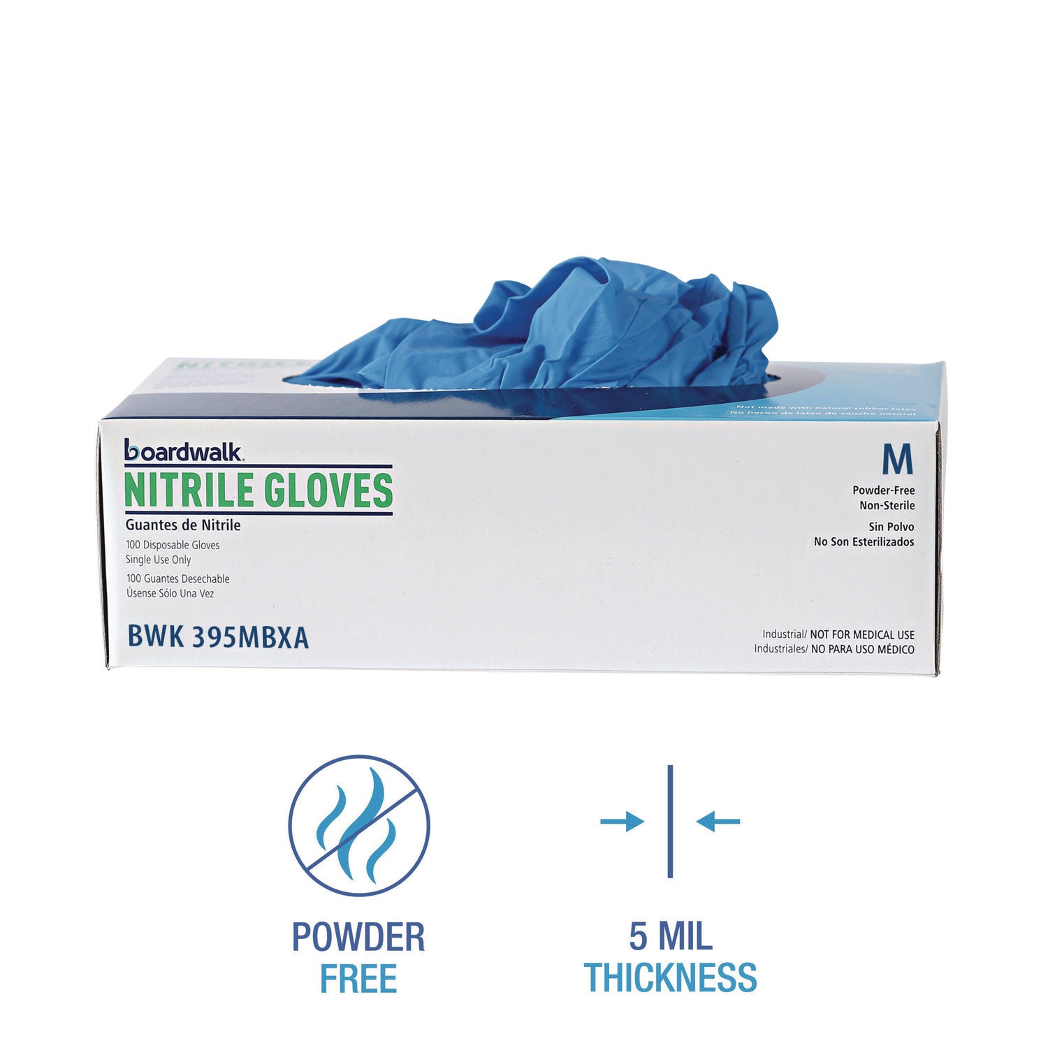 Boardwalk® Disposable Powder-Free Nitrile Gloves, Medium, Blue, 5 mil, 100/Box