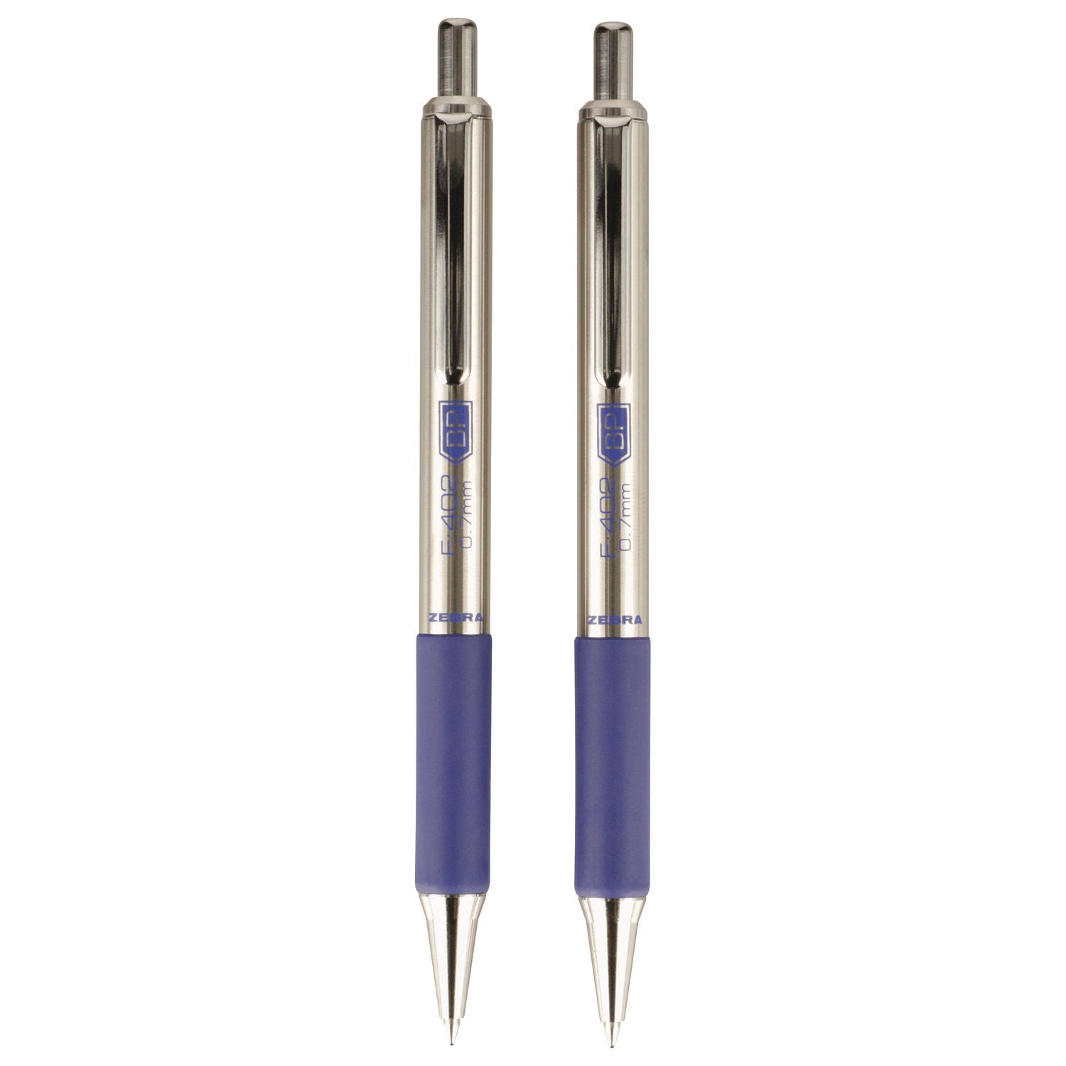 Zebra® F-402 Ballpoint Pen, Retractable, Fine 0.7 mm, Blue Ink, Stainless Steel/Blue Barrel