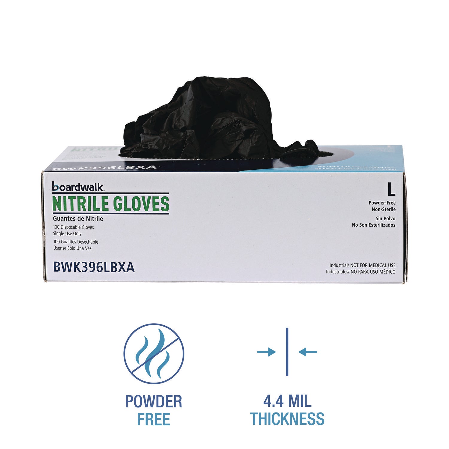 Boardwalk® Disposable General-Purpose Powder-Free Nitrile Gloves, Large, Black, 4.4 mil, 100/Box, 10 Boxes/Carton