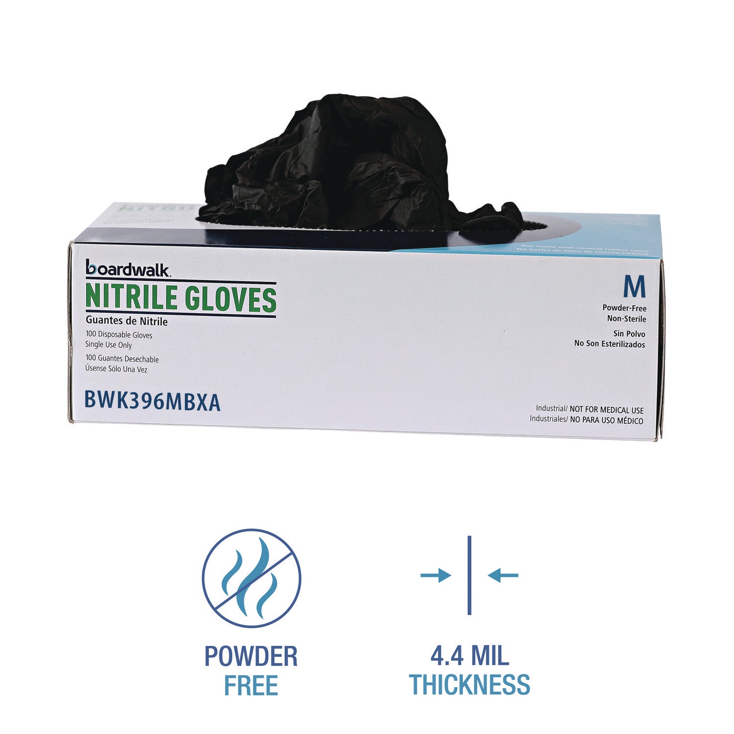 Boardwalk® Disposable General-Purpose Powder-Free Nitrile Gloves, Medium, Black, 4.4 mil, 100/Box