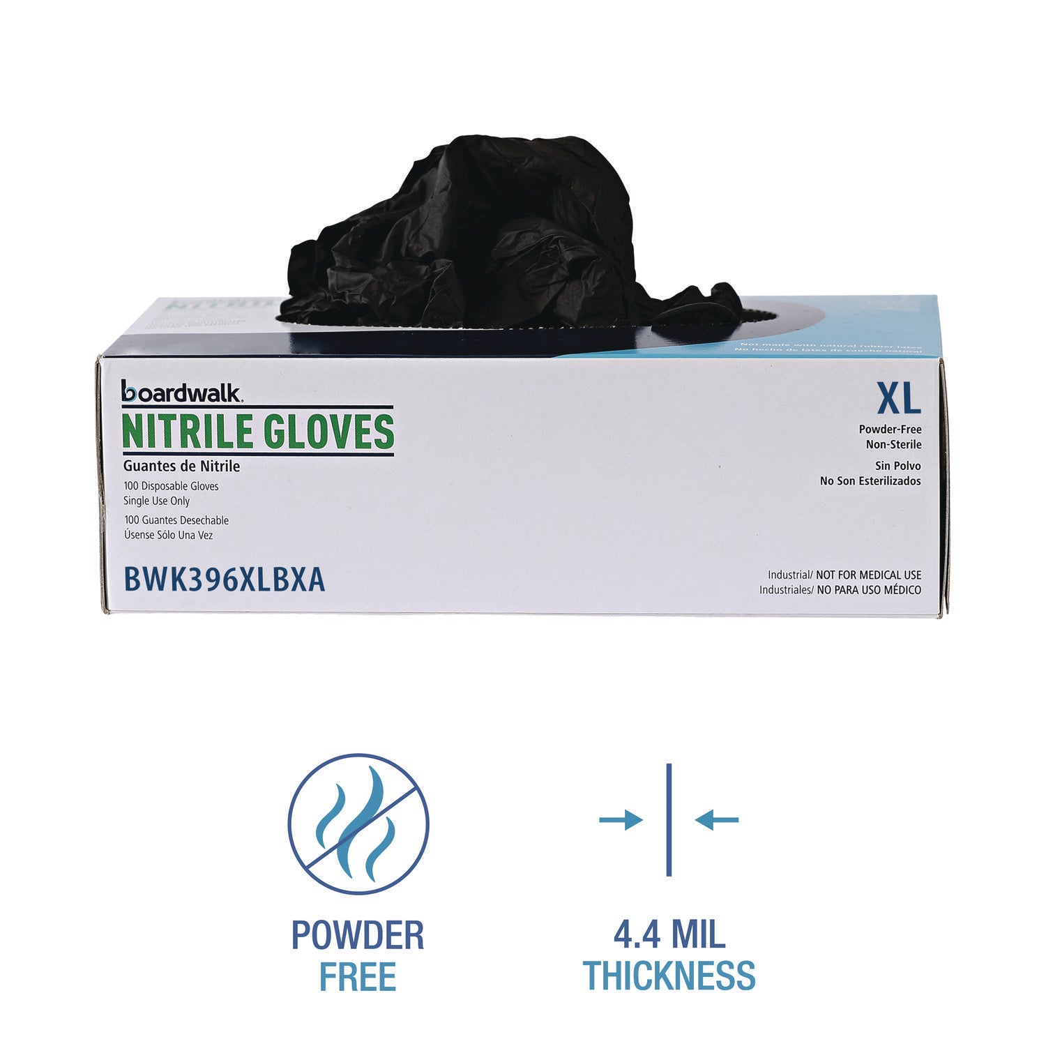 Boardwalk® Disposable General-Purpose Powder-Free Nitrile Gloves, X-Large, Black, 4.4 mil, 100/Box