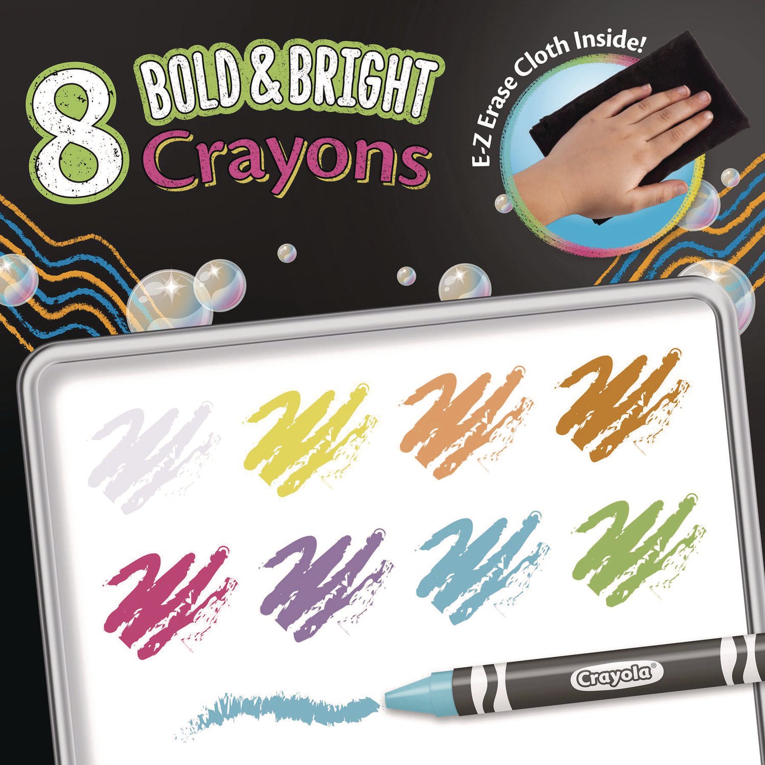 Washable Dry Erase Crayons w/E-Z Erase Cloth, Assorted Bright Colors, 8/Box