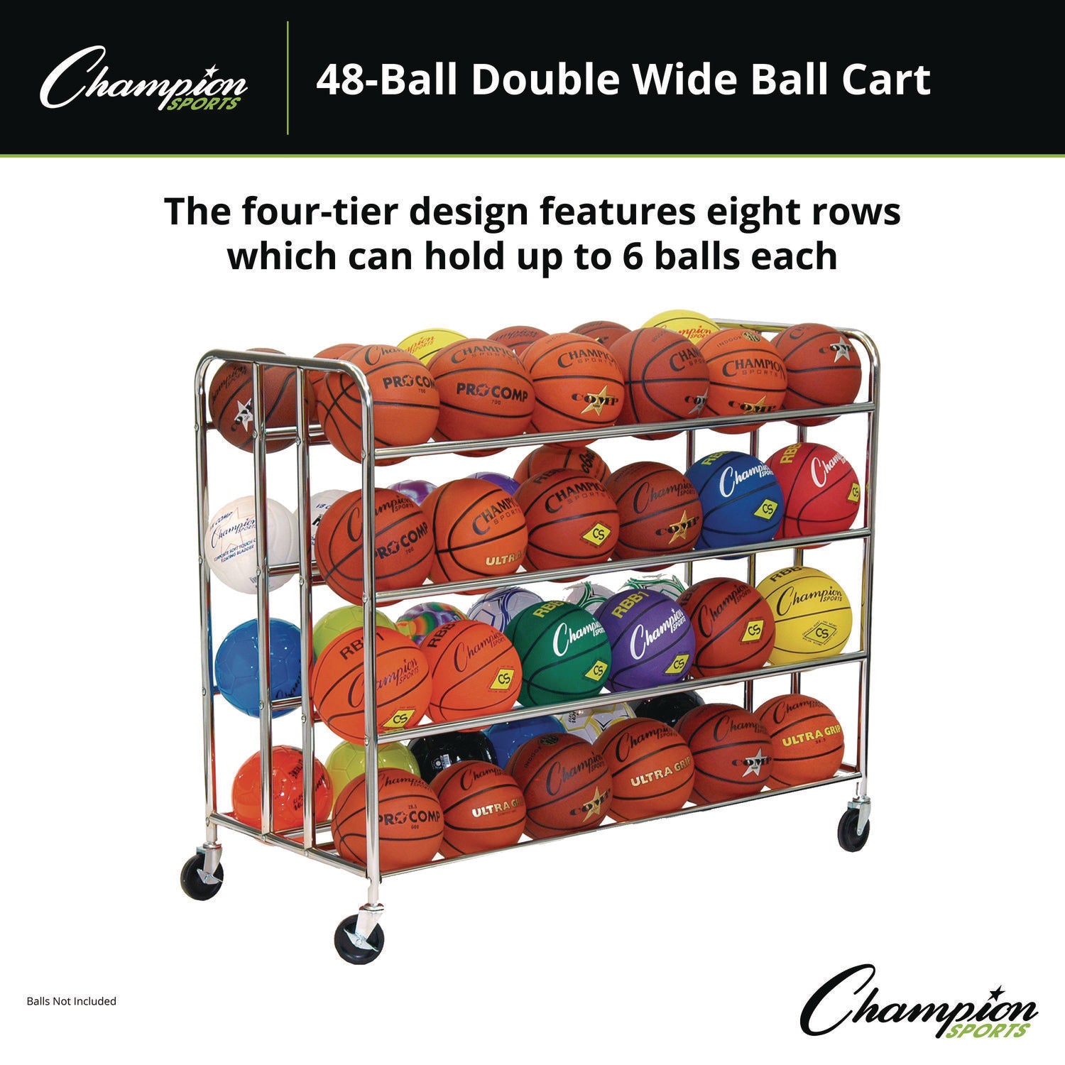 48 Ball Double Wide Ball Cart, Metal, 176 lb Capacity, 24 x 55.5 x 46.5, Chrome Champion Sports Flipcost