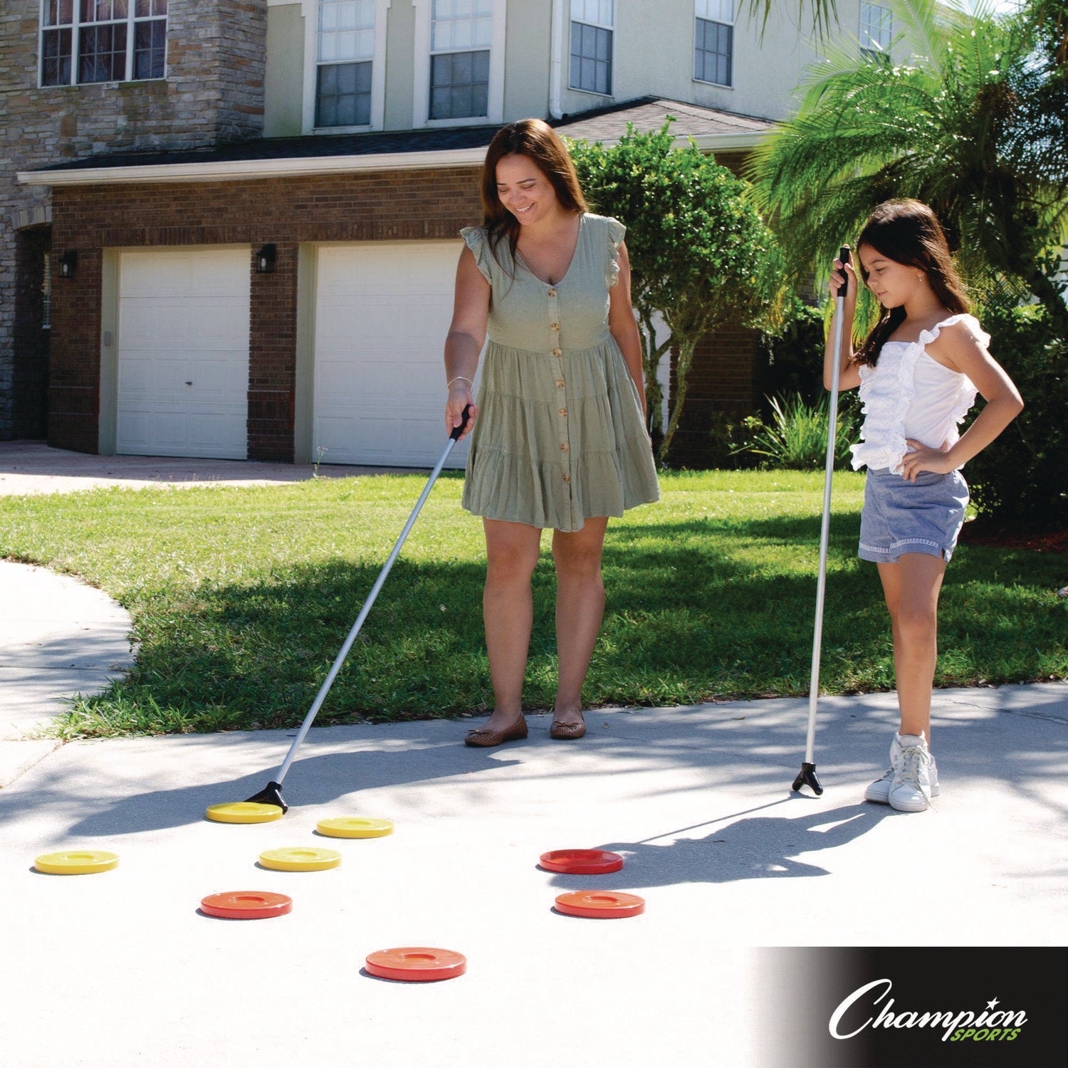 Economy Shuffleboard Set, 15-ft Court, Four 51" Cues, Eight Discs Champion Sports Flipcost