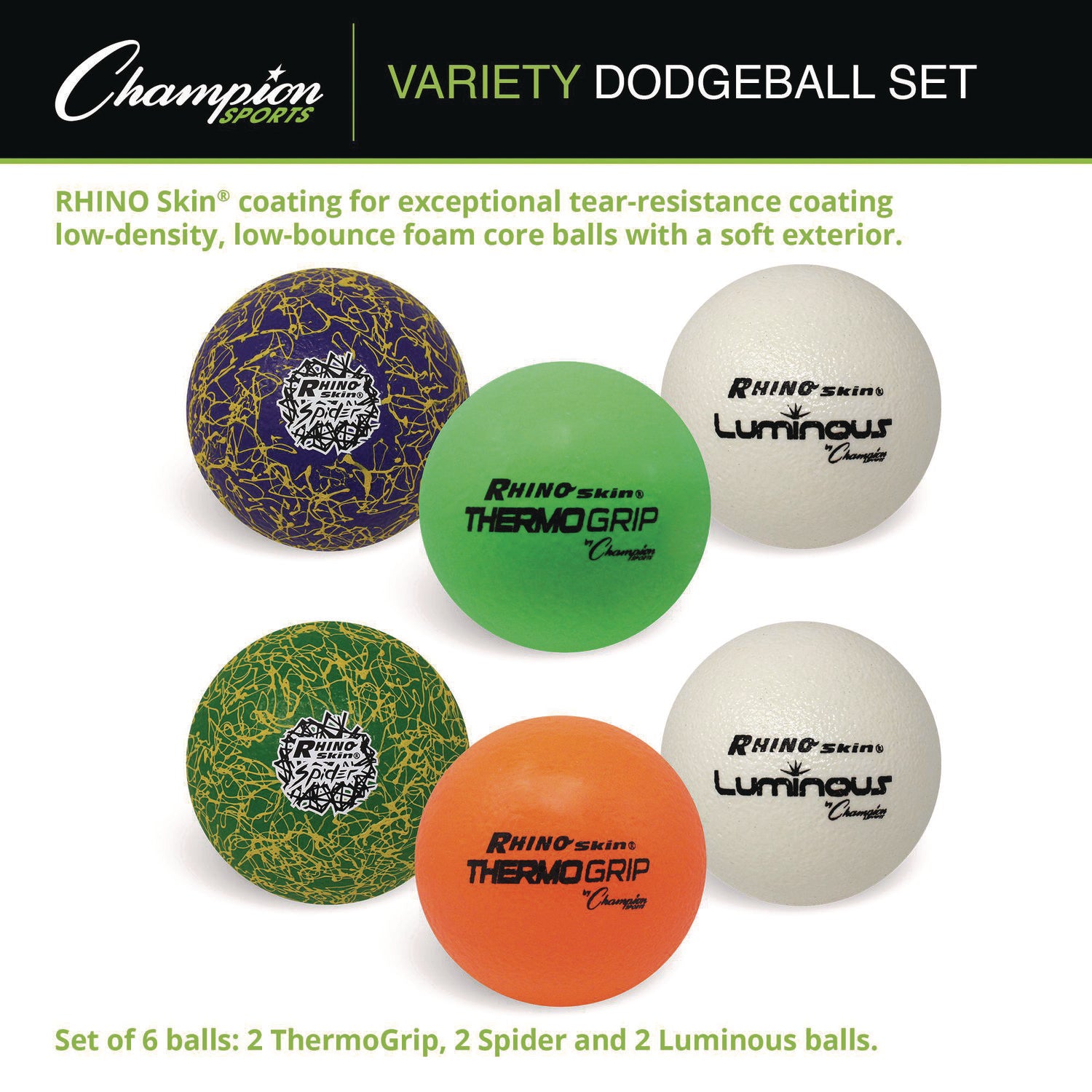 Rhino Skin Variety Dodgeball Set, 6.3" Diameter, Luminous/Spider/ThermoGrip, 6/Set Champion Sports Flipcost