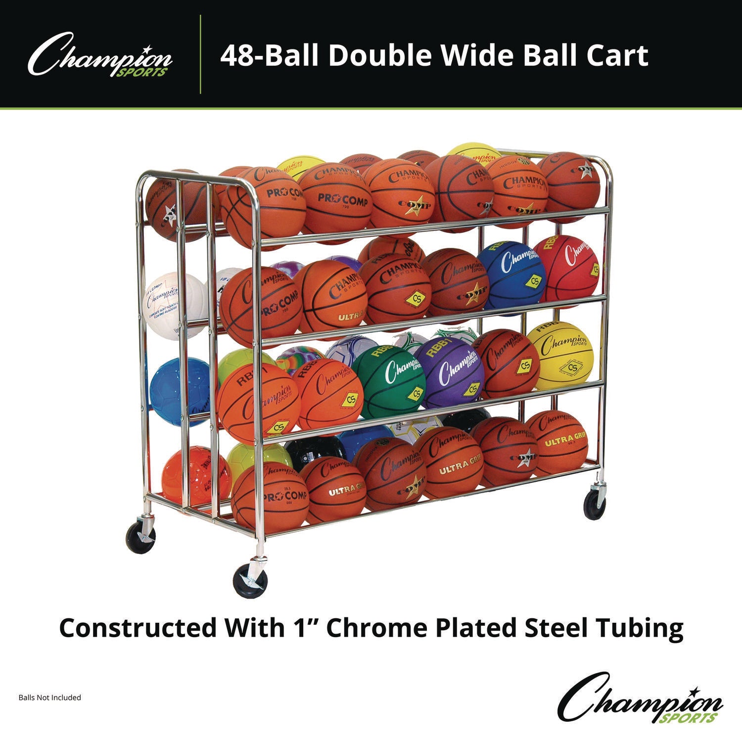 48 Ball Double Wide Ball Cart, Metal, 176 lb Capacity, 24 x 55.5 x 46.5, Chrome Champion Sports Flipcost