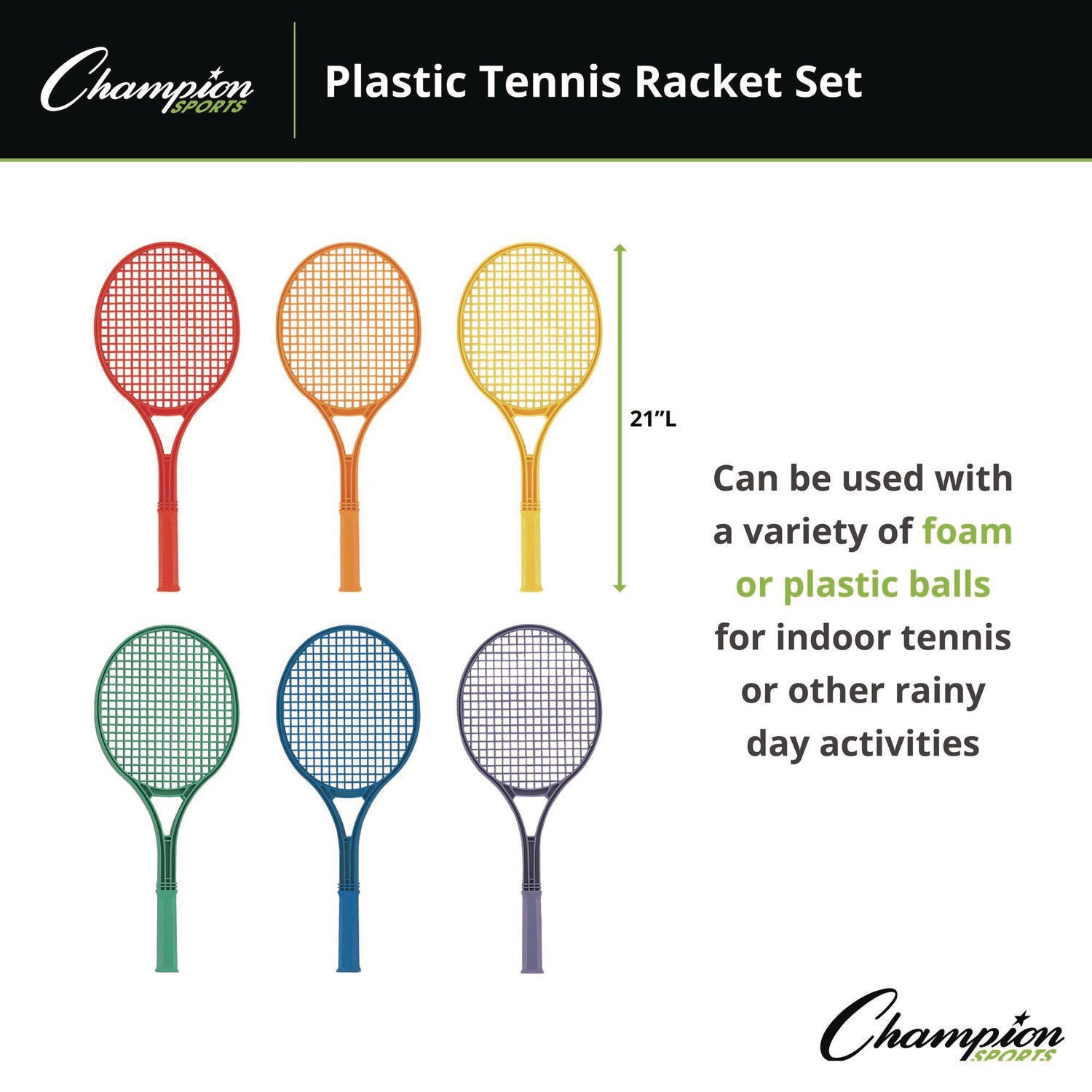 Plastic Tennis Racket Set, Six 21" Rackets, Assorted Colors Champion Sports Flipcost