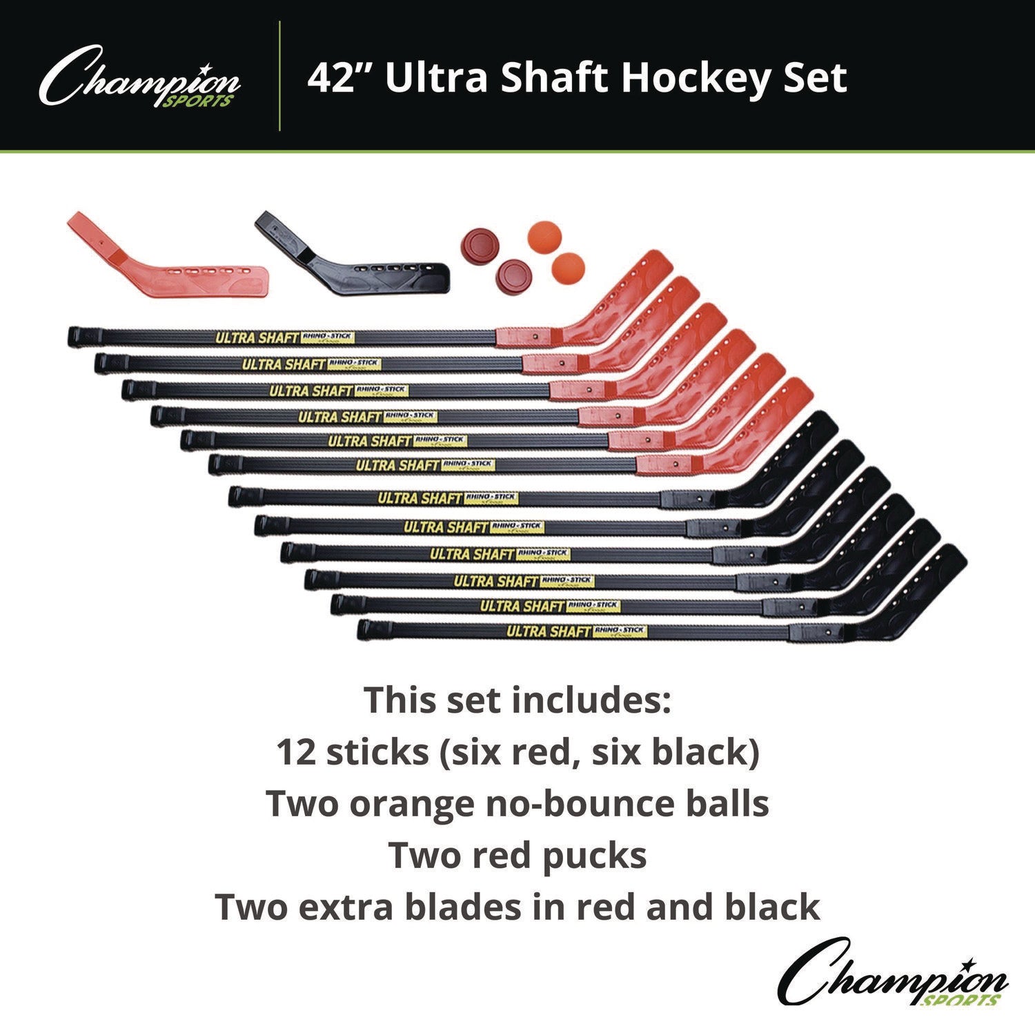 Ultra Shaft Hockey Set, Twelve 42" Hockey Sticks/Two Pucks/Two Balls/Two Extra Blades Champion Sports Flipcost