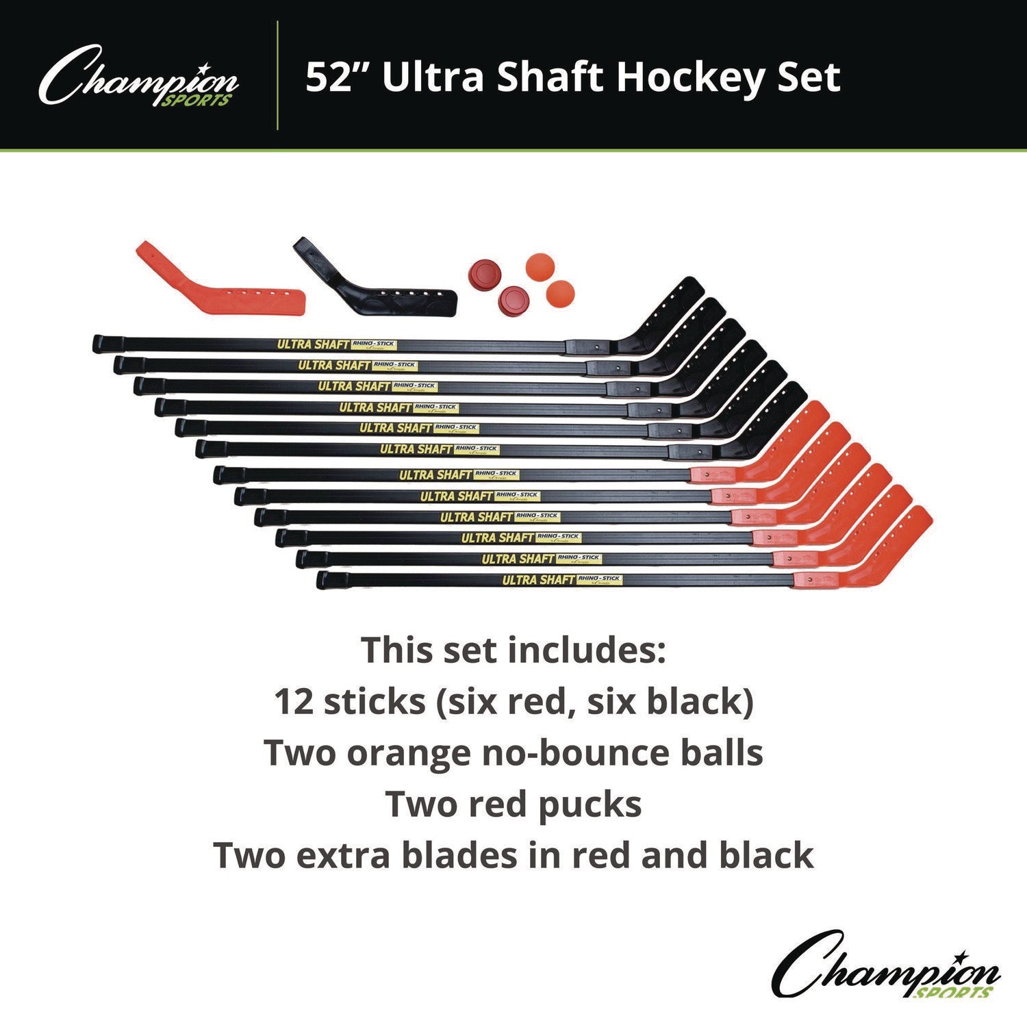 Ultra Shaft Hockey Set, Twelve 52" Hocket Sticks/Two Balls/Two Pucks/Two Extra Blades Champion Sports Flipcost