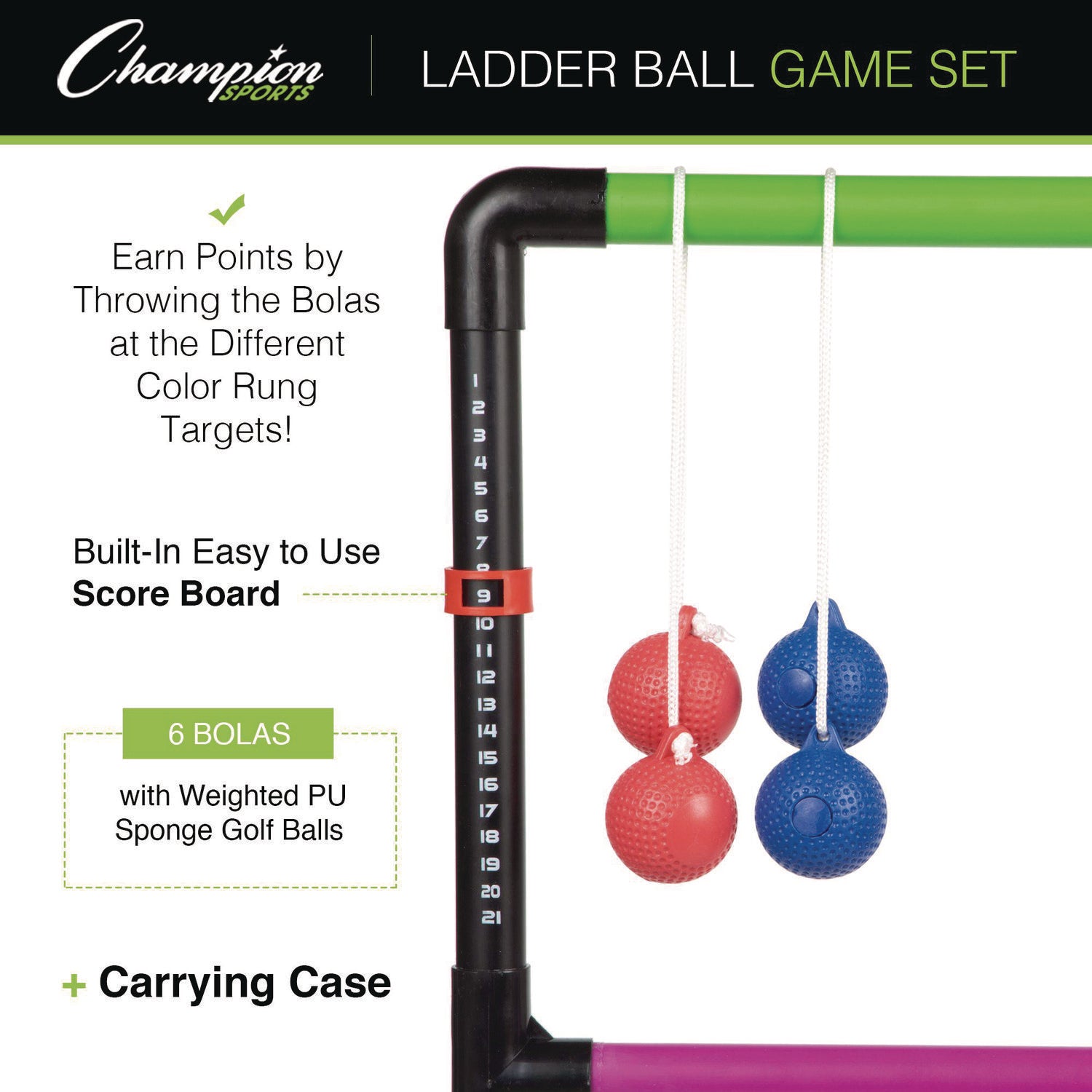 Ladder Ball Game Set, (2) 22" x 37.5" Ladders/(6) Bolas/Carry Bag Champion Sports Flipcost