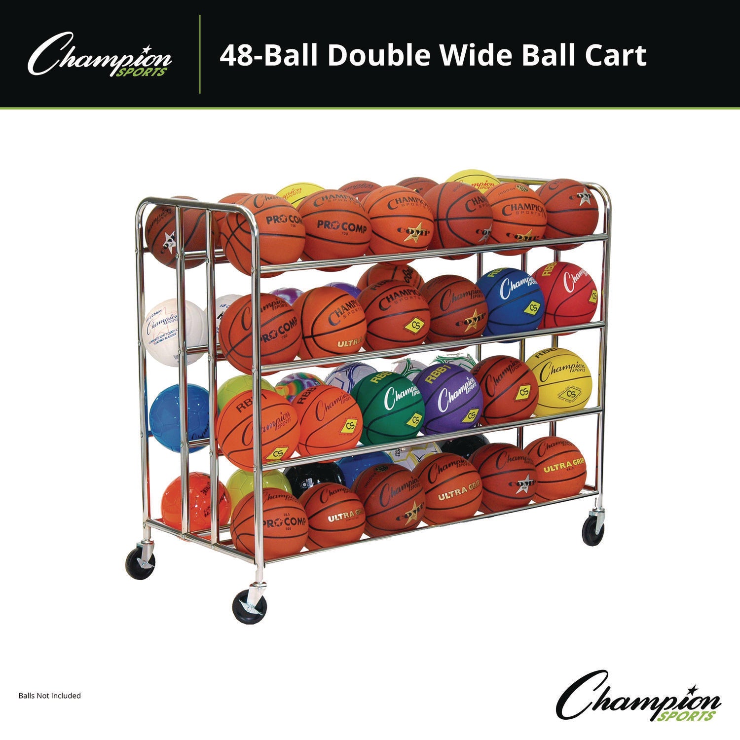 48 Ball Double Wide Ball Cart, Metal, 176 lb Capacity, 24 x 55.5 x 46.5, Chrome Champion Sports Flipcost