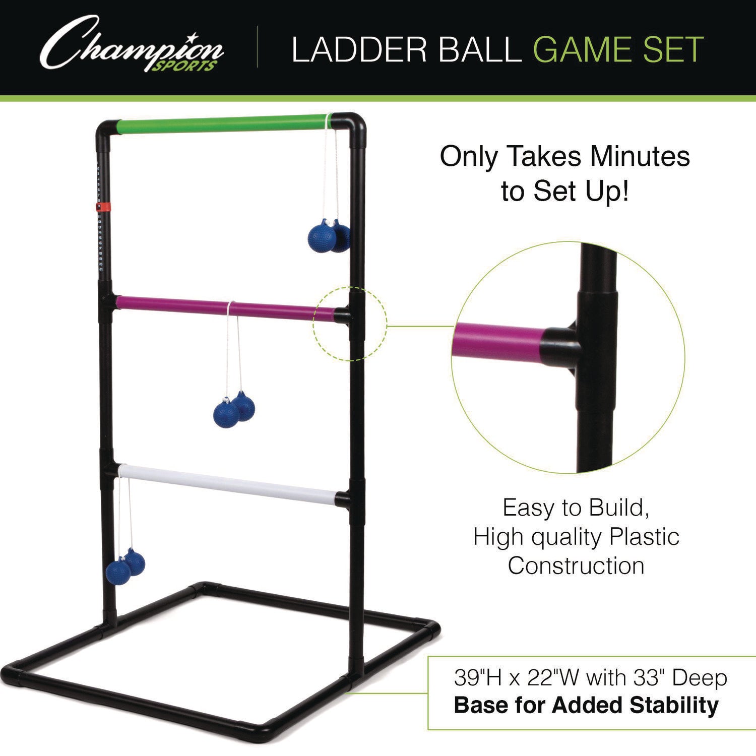 Ladder Ball Game Set, (2) 22" x 37.5" Ladders/(6) Bolas/Carry Bag Champion Sports Flipcost