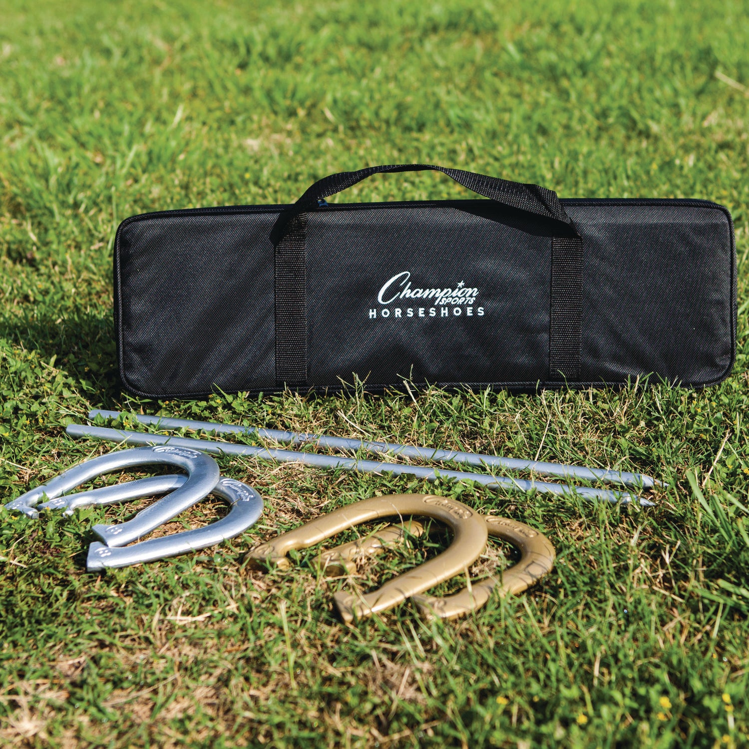 Deluxe Horseshoe Tournament Set, 4 Horseshoes/2 Stakes/Carry Bag/Rule Sheet Champion Sports Flipcost