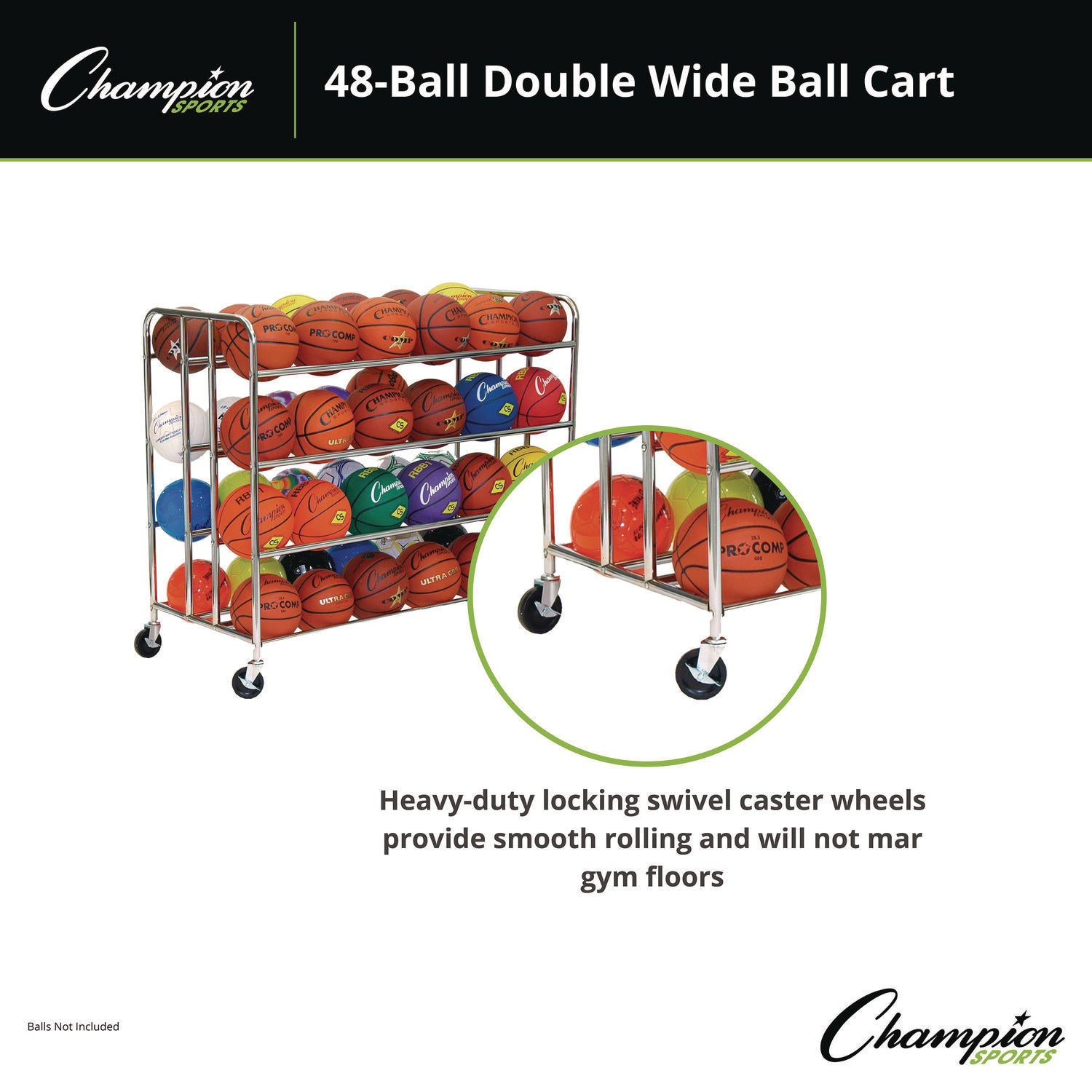 48 Ball Double Wide Ball Cart, Metal, 176 lb Capacity, 24 x 55.5 x 46.5, Chrome Champion Sports Flipcost