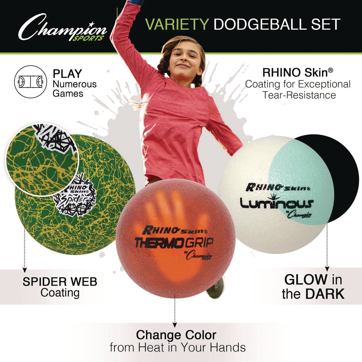 Rhino Skin Variety Dodgeball Set, 6.3" Diameter, Luminous/Spider/ThermoGrip, 6/Set Champion Sports Flipcost