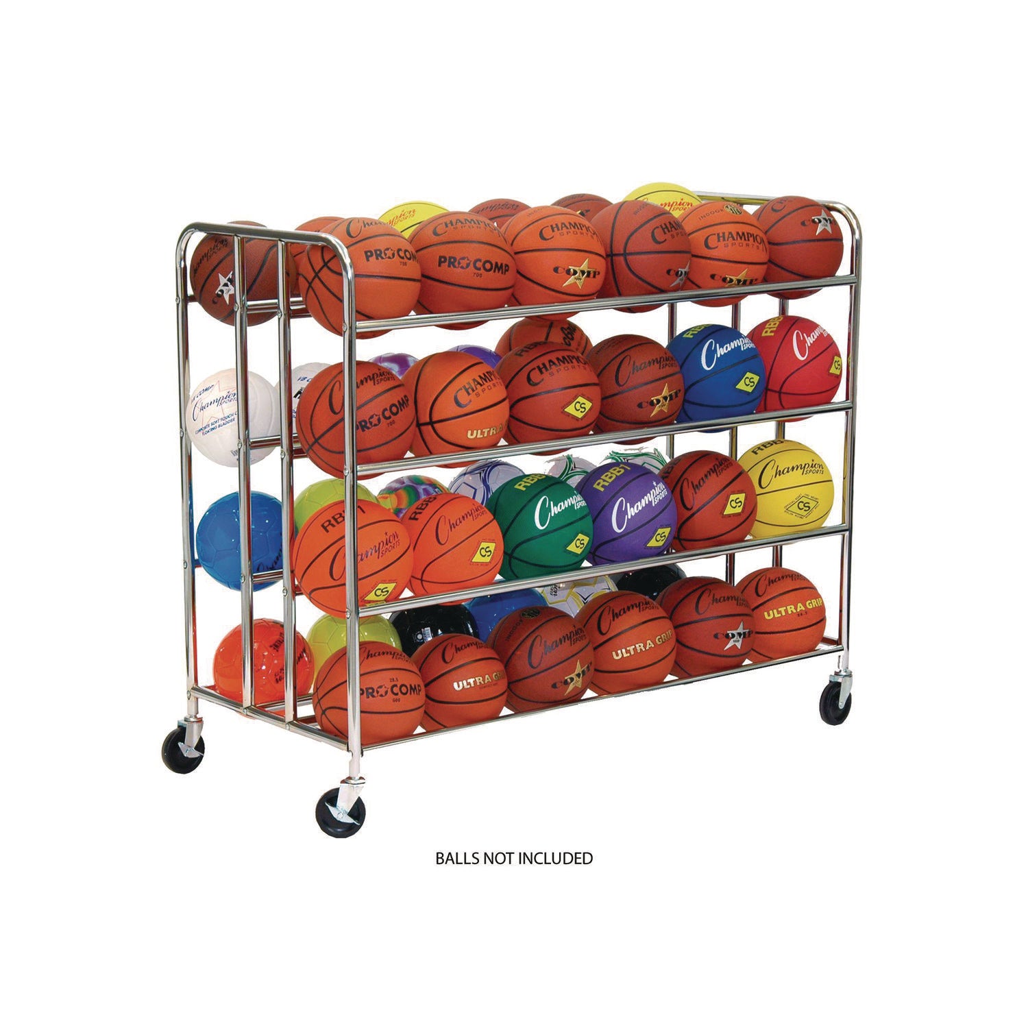 48 Ball Double Wide Ball Cart, Metal, 176 lb Capacity, 24 x 55.5 x 46.5, Chrome