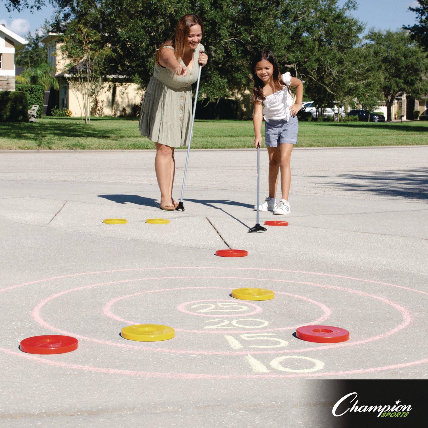 Economy Shuffleboard Set, 15-ft Court, Four 51" Cues, Eight Discs Champion Sports Flipcost