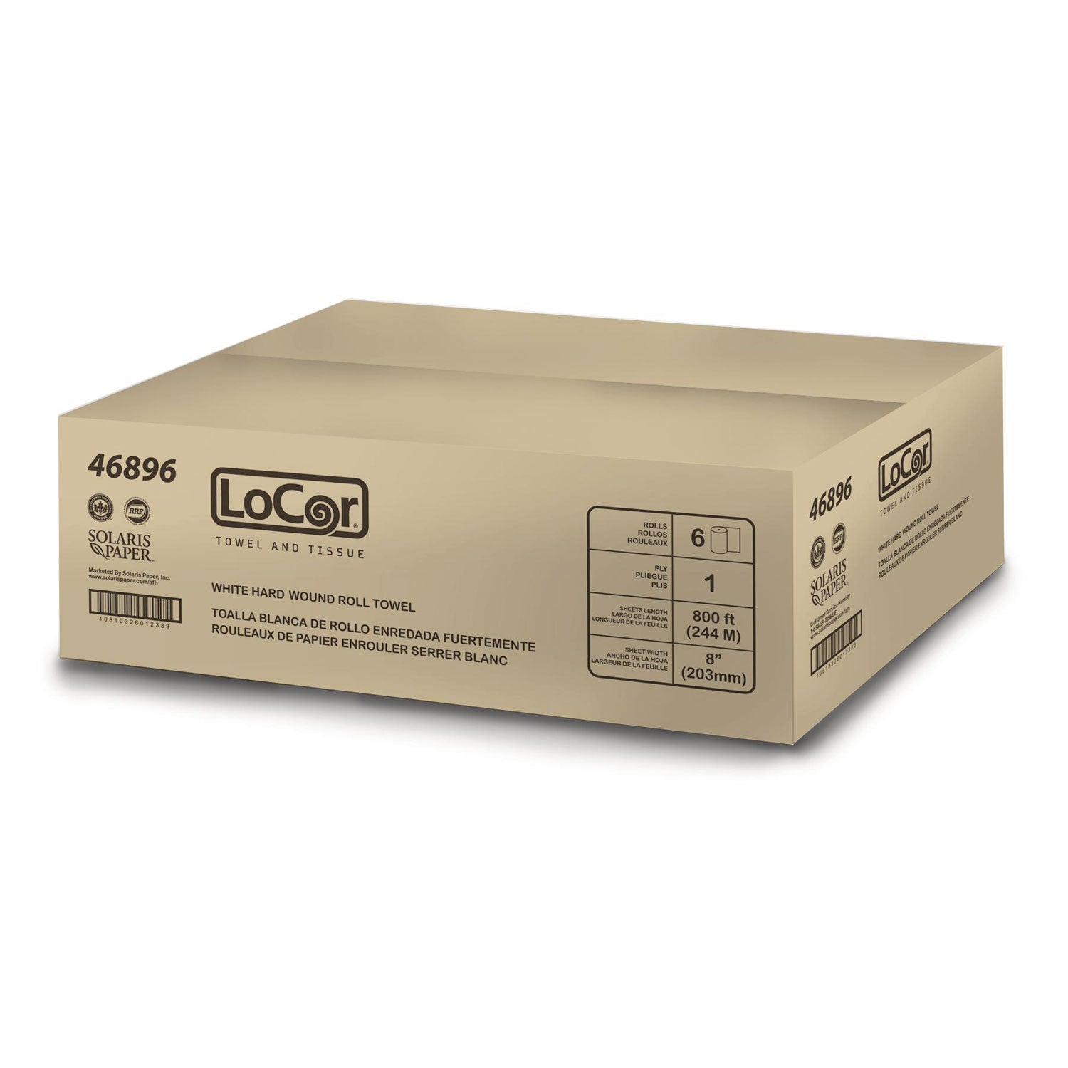 LoCor® Hard Wound Roll Towel, 1-Ply, 8" x 800 ft, White, 6 Rolls/Carton