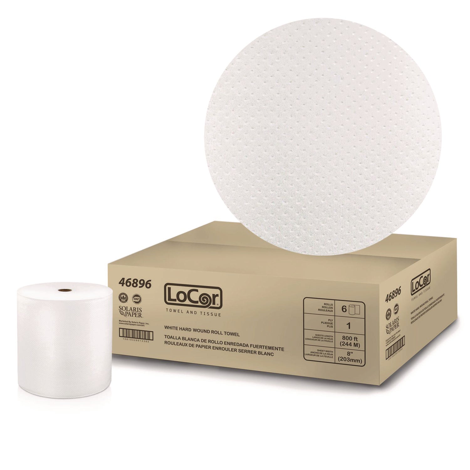 LoCor® Hard Wound Roll Towel, 1-Ply, 8" x 800 ft, White, 6 Rolls/Carton