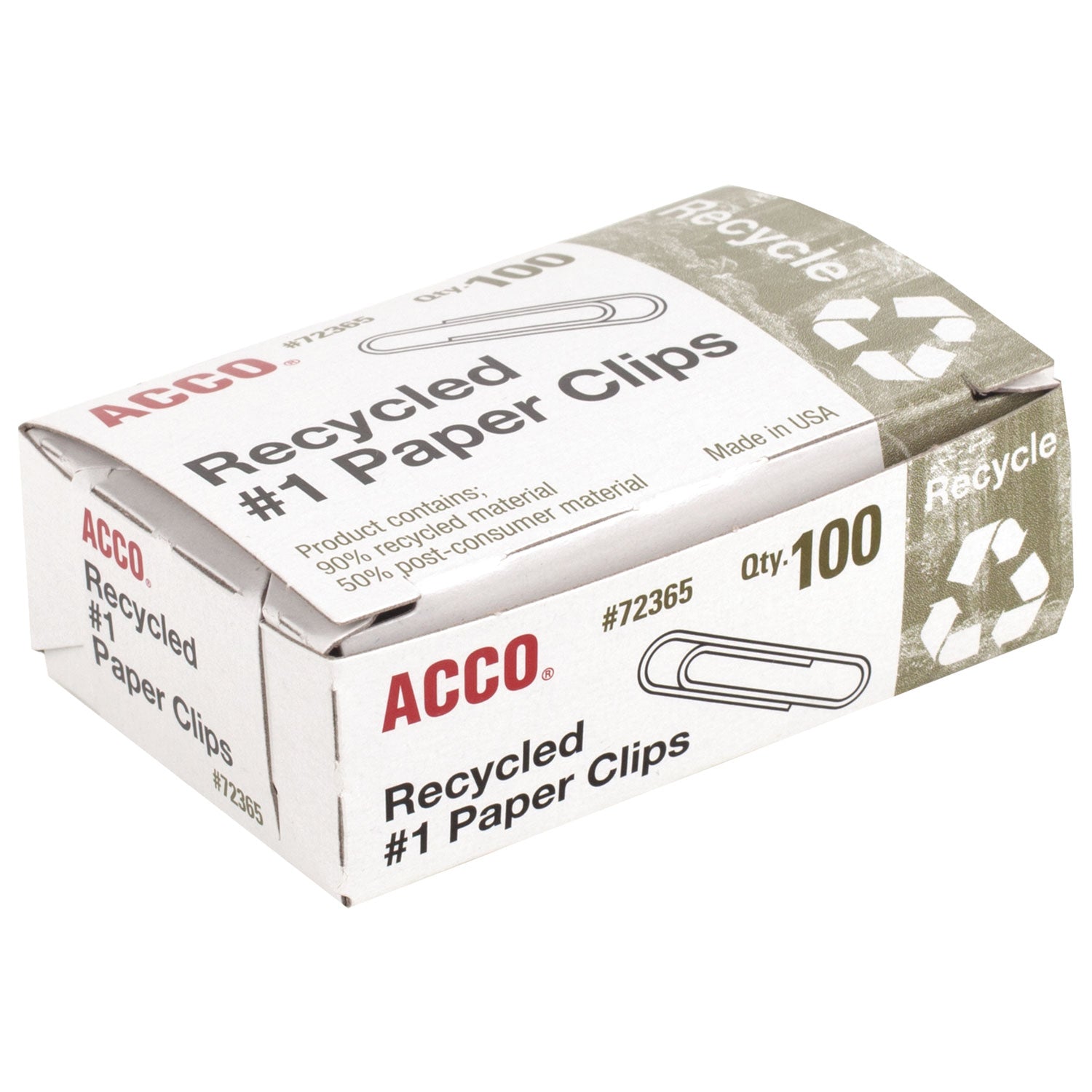 ACCO Recycled Paper Clips, #1, Smooth, Silver, 100 Clips/Box, 10 Boxes/Pack