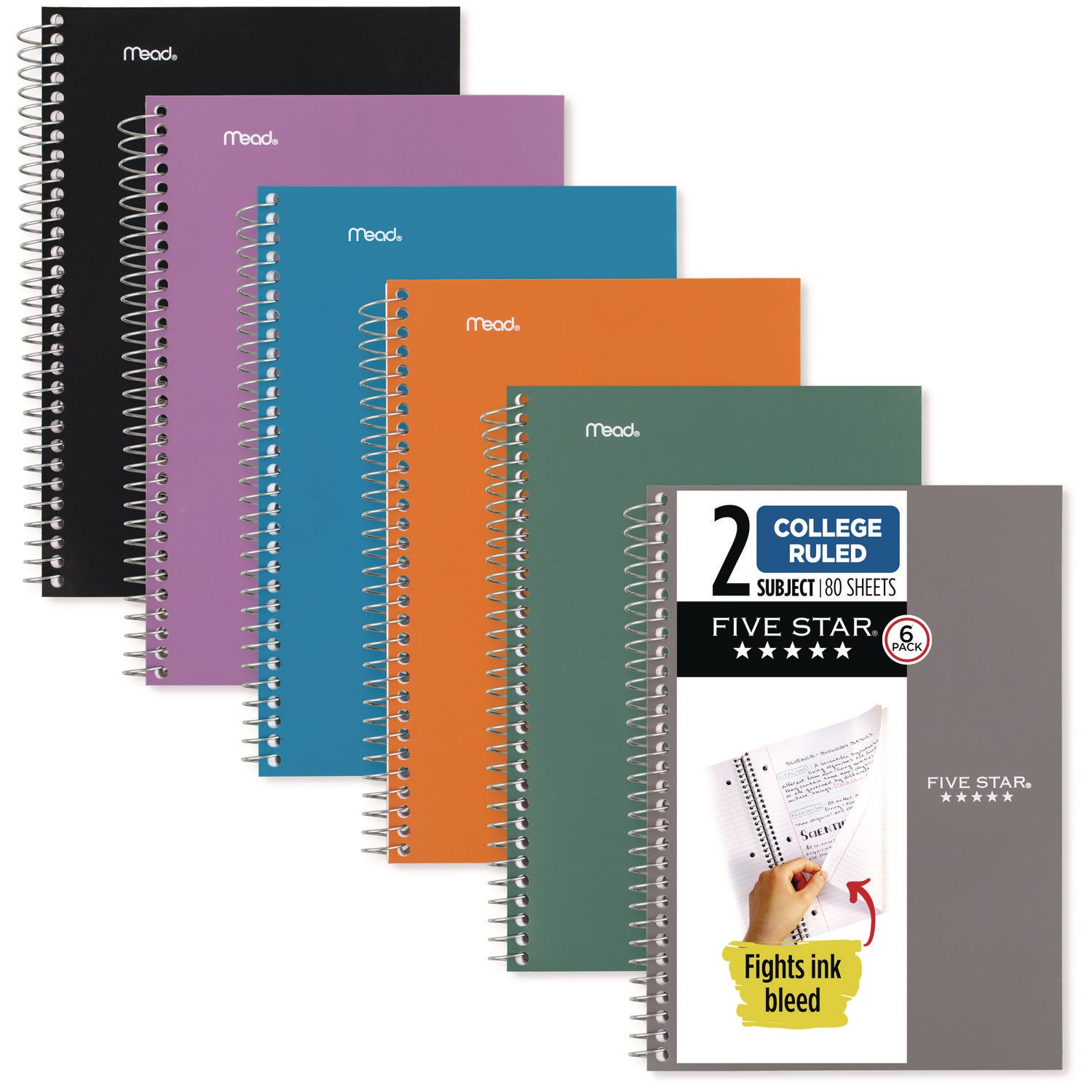 Wirebound Notebook, 2-Subject, Medium/College Rule, Assorted Cover Color, (80) 9.5 x 6.52 Sheets, 6/Pack