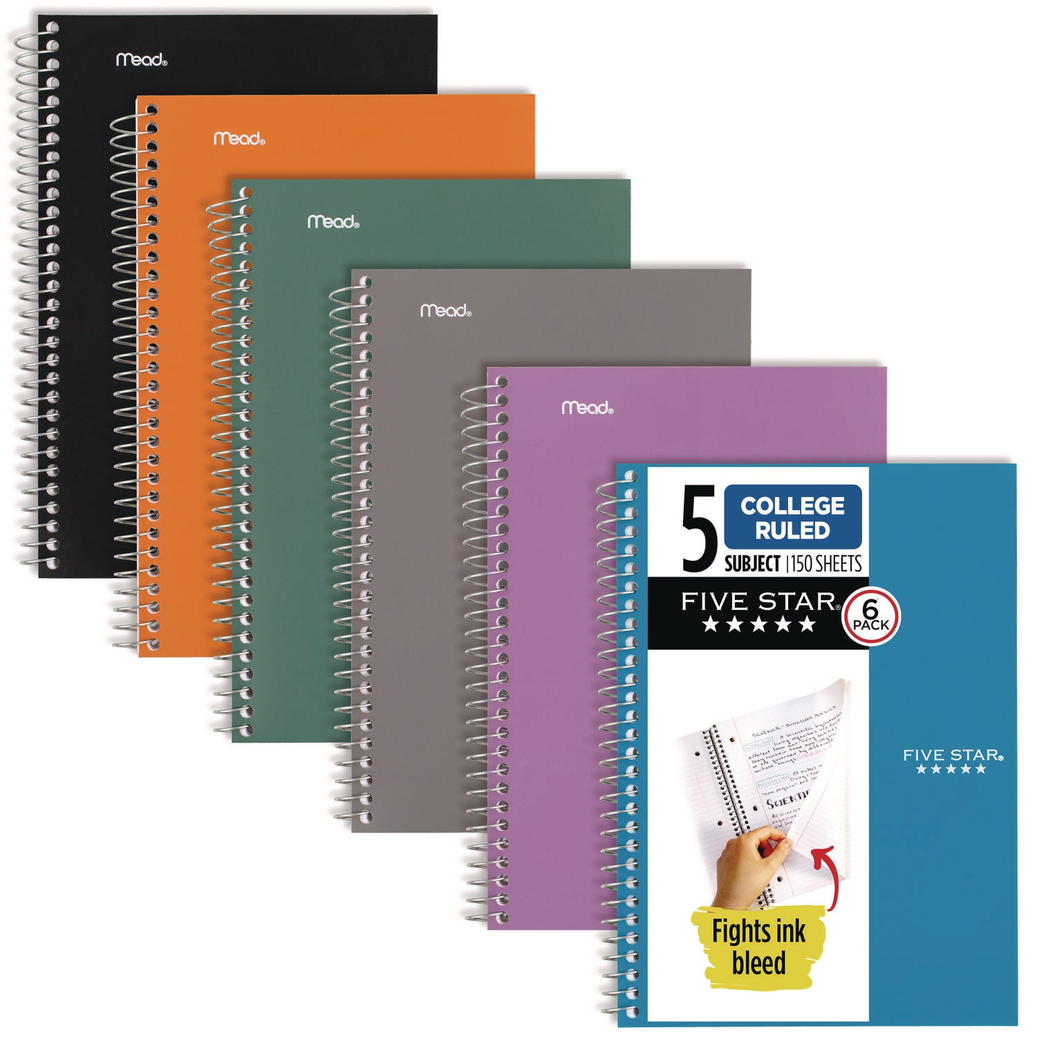 Wirebound Notebook, 5-Subject, Medium/College Rule, Assorted Cover Color, (150) 9.5 x 6.63 Sheets, 6/Pack