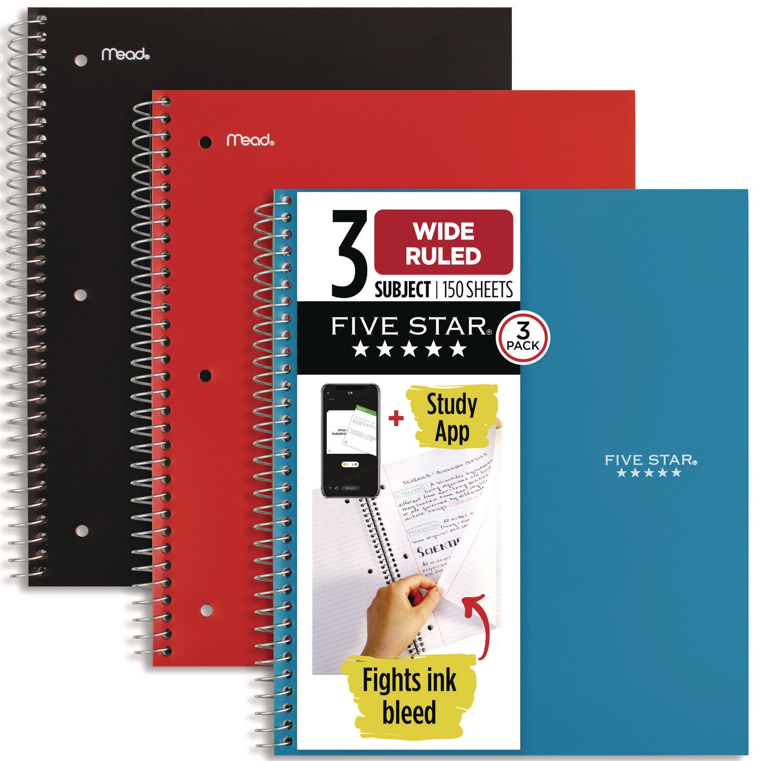 Wirebound Notebook, 3-Subject, Wide/Legal Rule, Assorted Cover Color, (150) 10.5 x 8.63 Sheets, 3/Pack