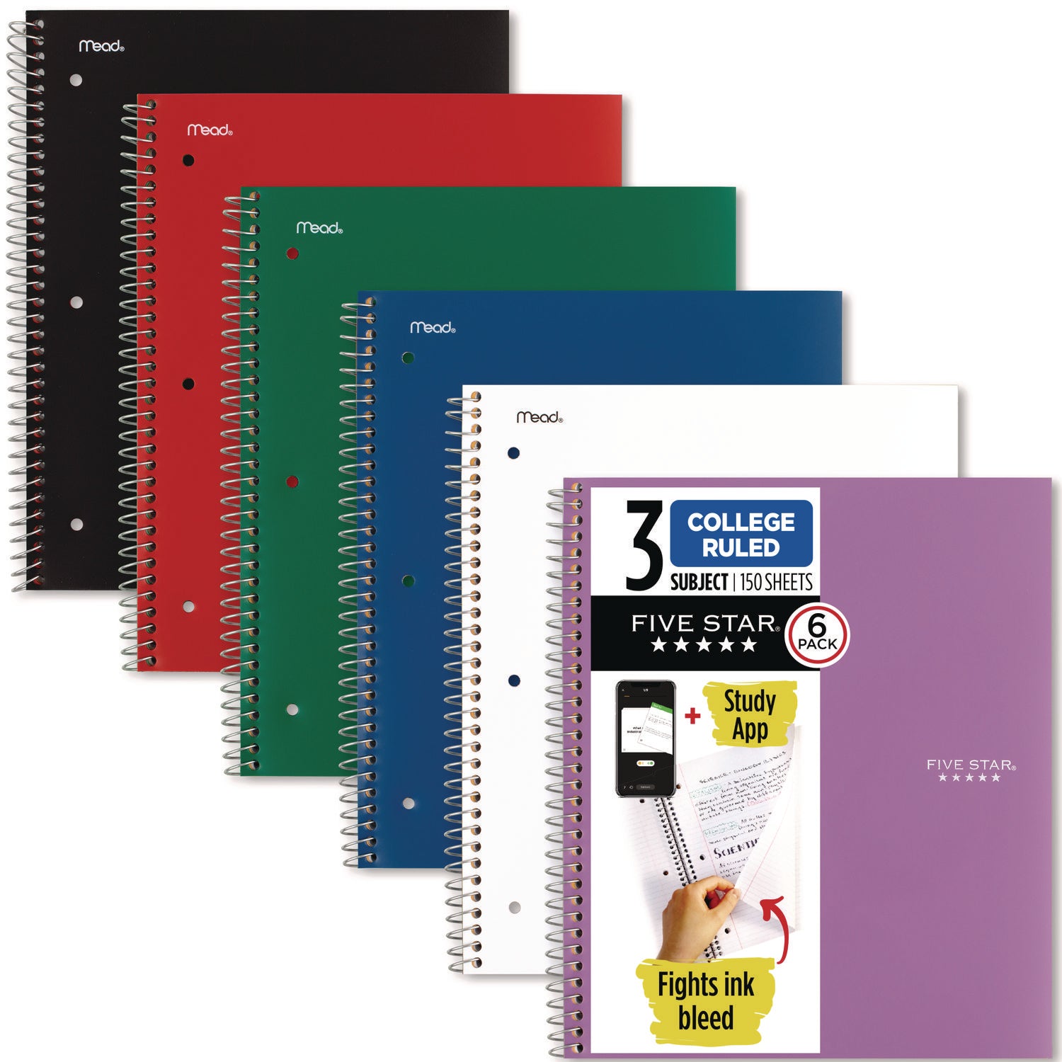 Wirebound Notebook, 3-Subject, Medium/College Rule, Assorted Cover Colors, (150) 11 x 9.13 Sheets, 6/Pack