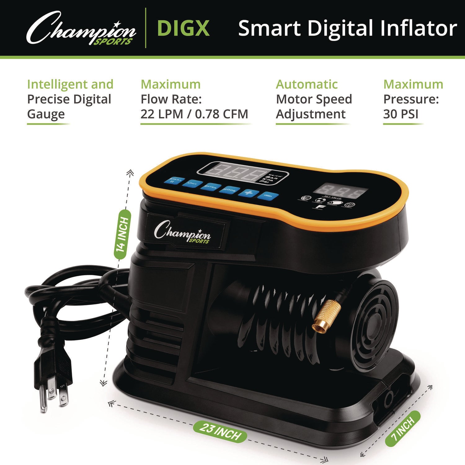 Champion Sports Digital Electronic Inflator, 0.78 cu ft/min, 30 psi, 70" Cord Champion Sports Flipcost