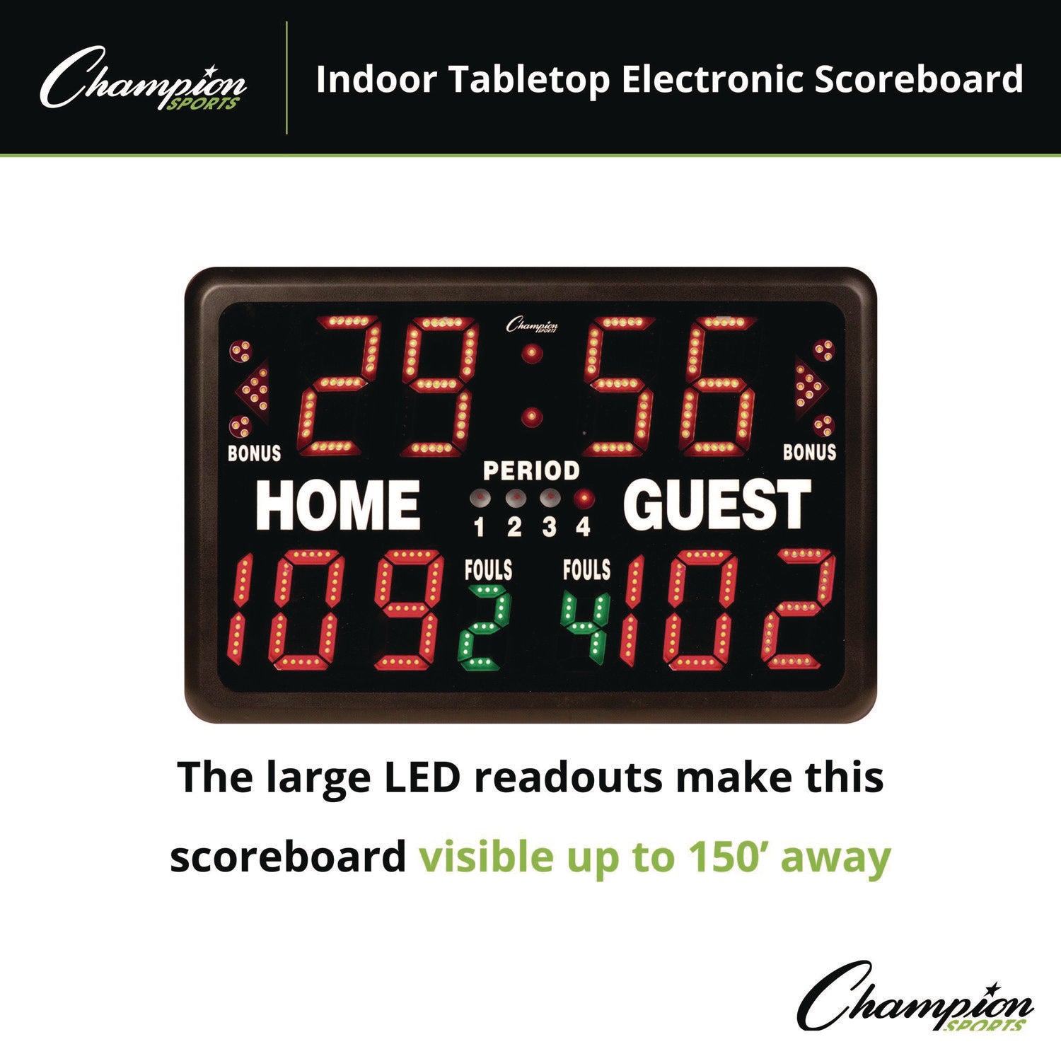 Tabletop Indoor Electronic Scoreboard, 24" x 16" x 10", Black Face, Red/Green/Yellow Graphics Champion Sports Flipcost