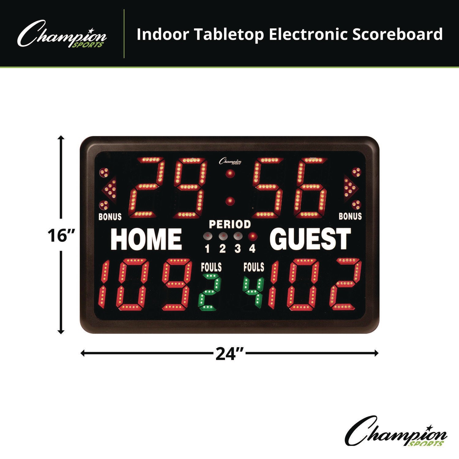 Tabletop Indoor Electronic Scoreboard, 24" x 16" x 10", Black Face, Red/Green/Yellow Graphics Champion Sports Flipcost