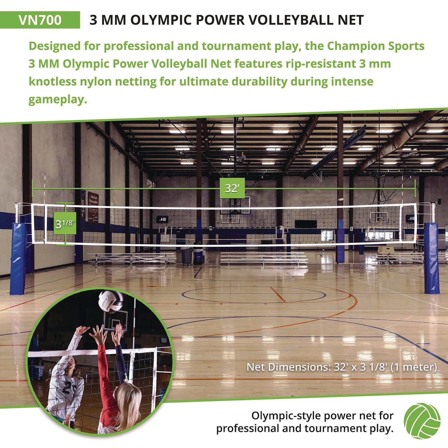 Olympic Power Volleyball Net, 32 ft x 3 ft Champion Sports Flipcost