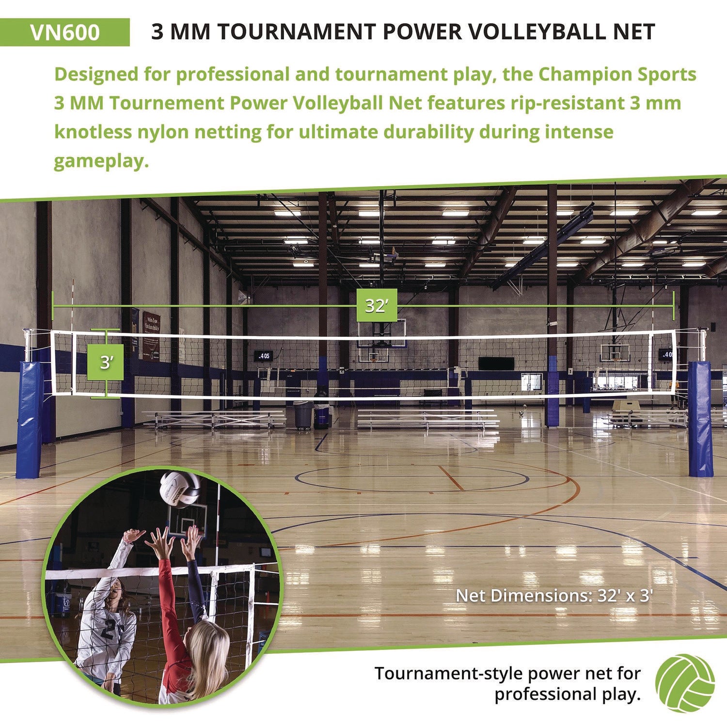 Tournament Power Volleyball Net, 32 ft x 3 ft Champion Sports Flipcost