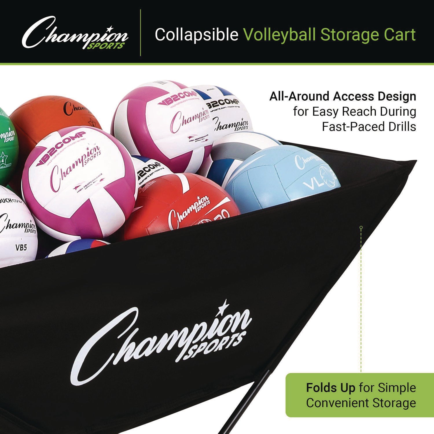 Pro Collapsible Volleyball Cart, 23" x 55" x 41", Black Champion Sports Flipcost