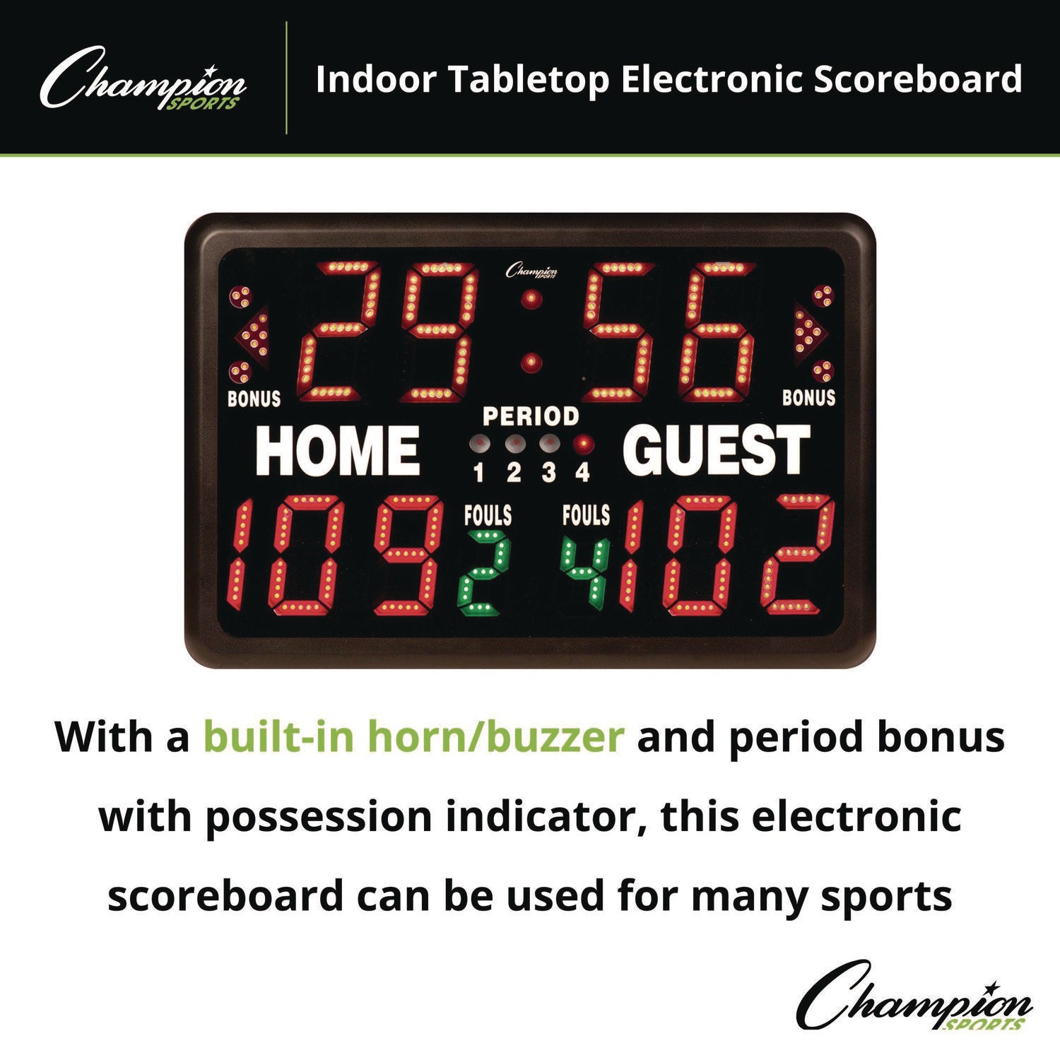 Tabletop Indoor Electronic Scoreboard, 24" x 16" x 10", Black Face, Red/Green/Yellow Graphics Champion Sports Flipcost