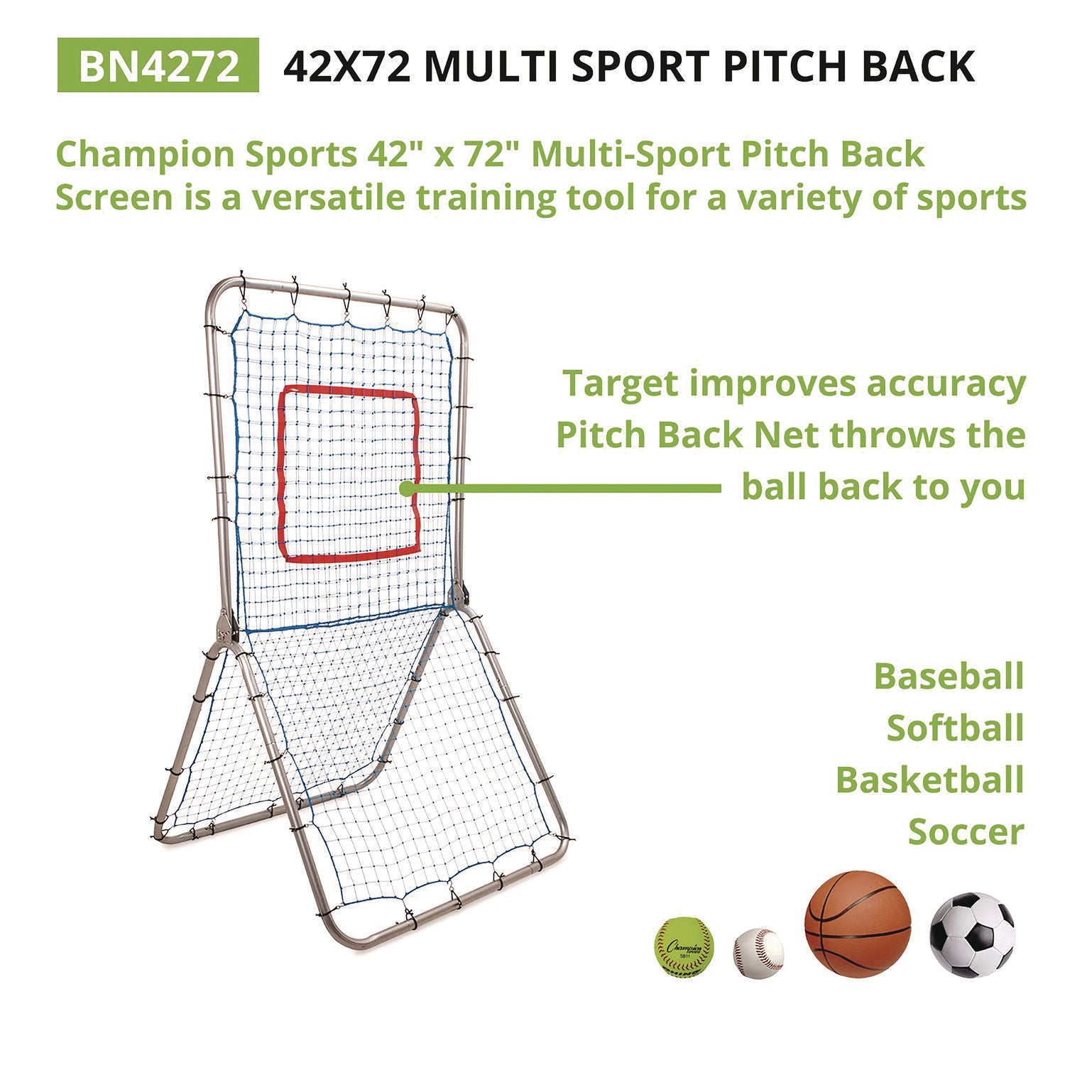 Multi-Sport Pitch Back Screen, 72" x 42", 1.25" dia frame Champion Sports Flipcost